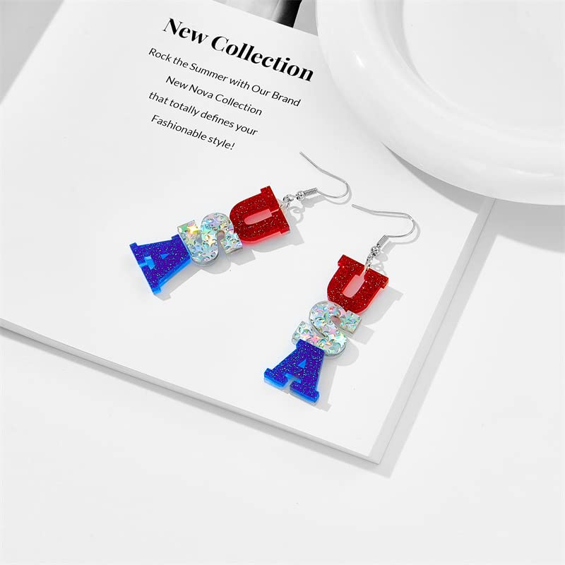 Patriotic American Flag Earrings for Women - Red White Blue Acrylic USA Heart Star Dangle Drop Jewelry - Perfect for 4th of July, Independence Day & National Pride Events