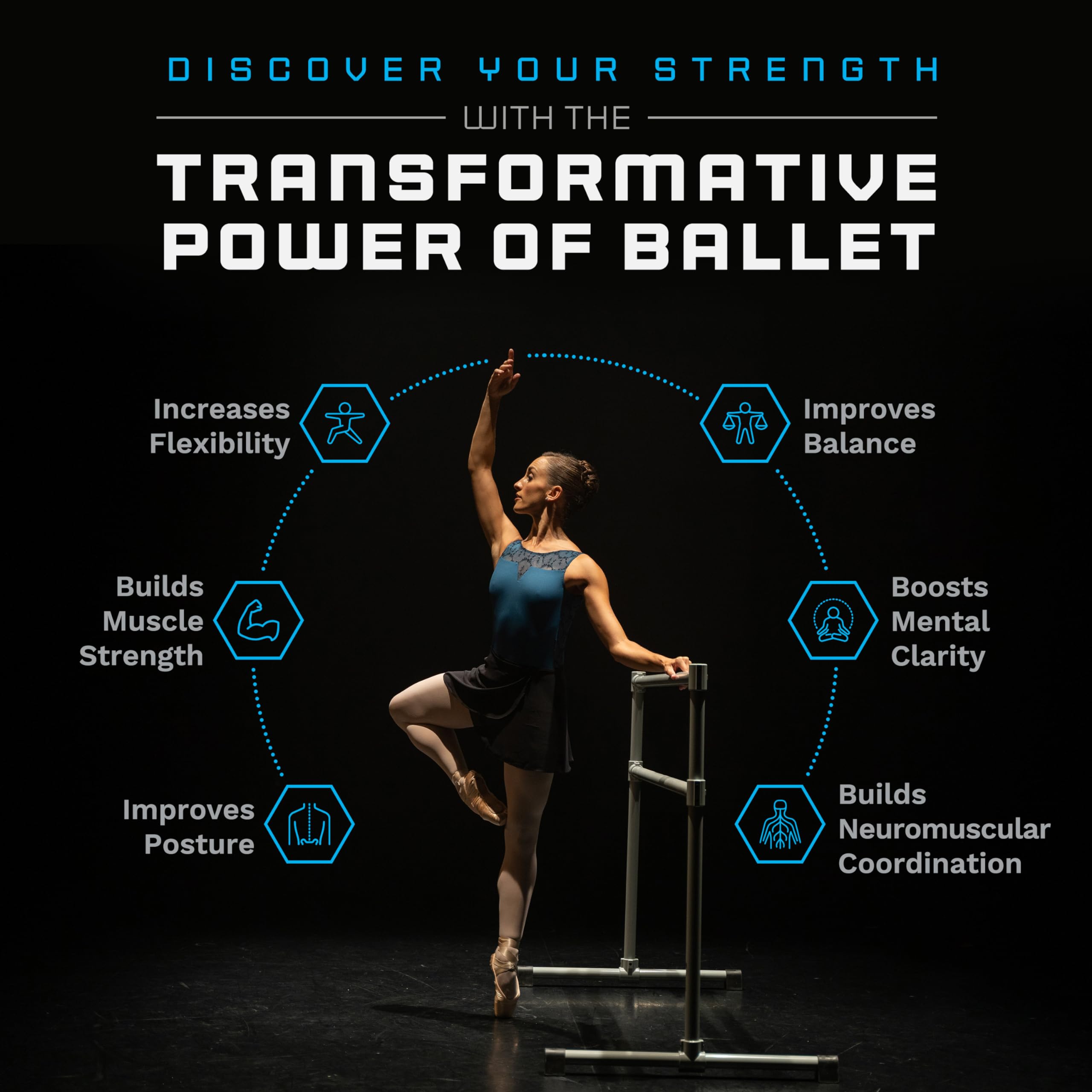 VITA Barre Portable Freestanding Double Ballet Barre - Heavy Duty Steel Construction | Adjustable Height Home & Gym Exercise Equipment for Kids & Adults | Perfect for Dance Training, Fitness Workouts & Pilates Practice | Ideal for Home Studios, Dance Classes & Personal Fitness Routines