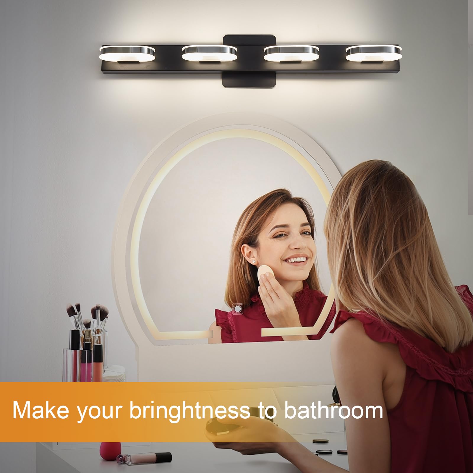 Modern LED Vanity Light Fixture - 4 Lights Bathroom Wall Sconce, 26 Inch Natural White Light in Black Finish - Perfect for Bathroom, Bedroom, and Dressing Room Makeup Area