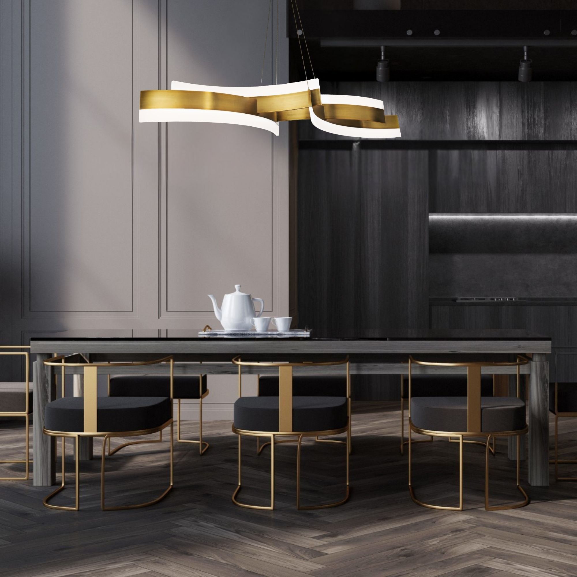 Arcs 58 LED Linear Pendant Light - Aged Brass Finish Modern Lighting for Kitchen Island, Dining Room & Office