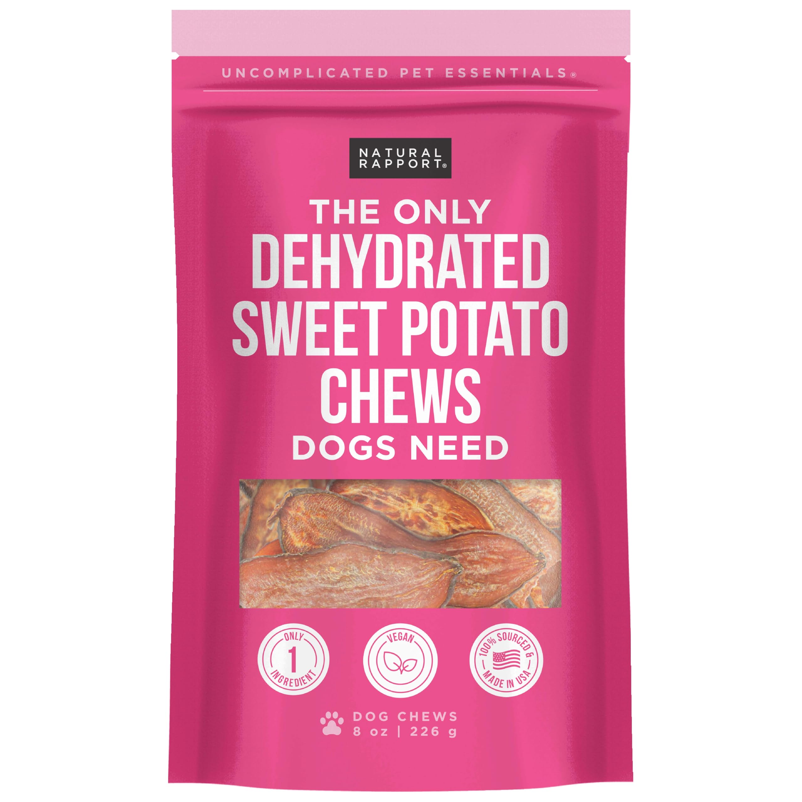 Natural Rapport Sweet Potato Chew Dog Treats - 100% Dehydrated, All-Natural, Grain-Free Dog Chews (8 oz) - Perfect for Training, Dental Health & Long-Lasting Chewing Satisfaction