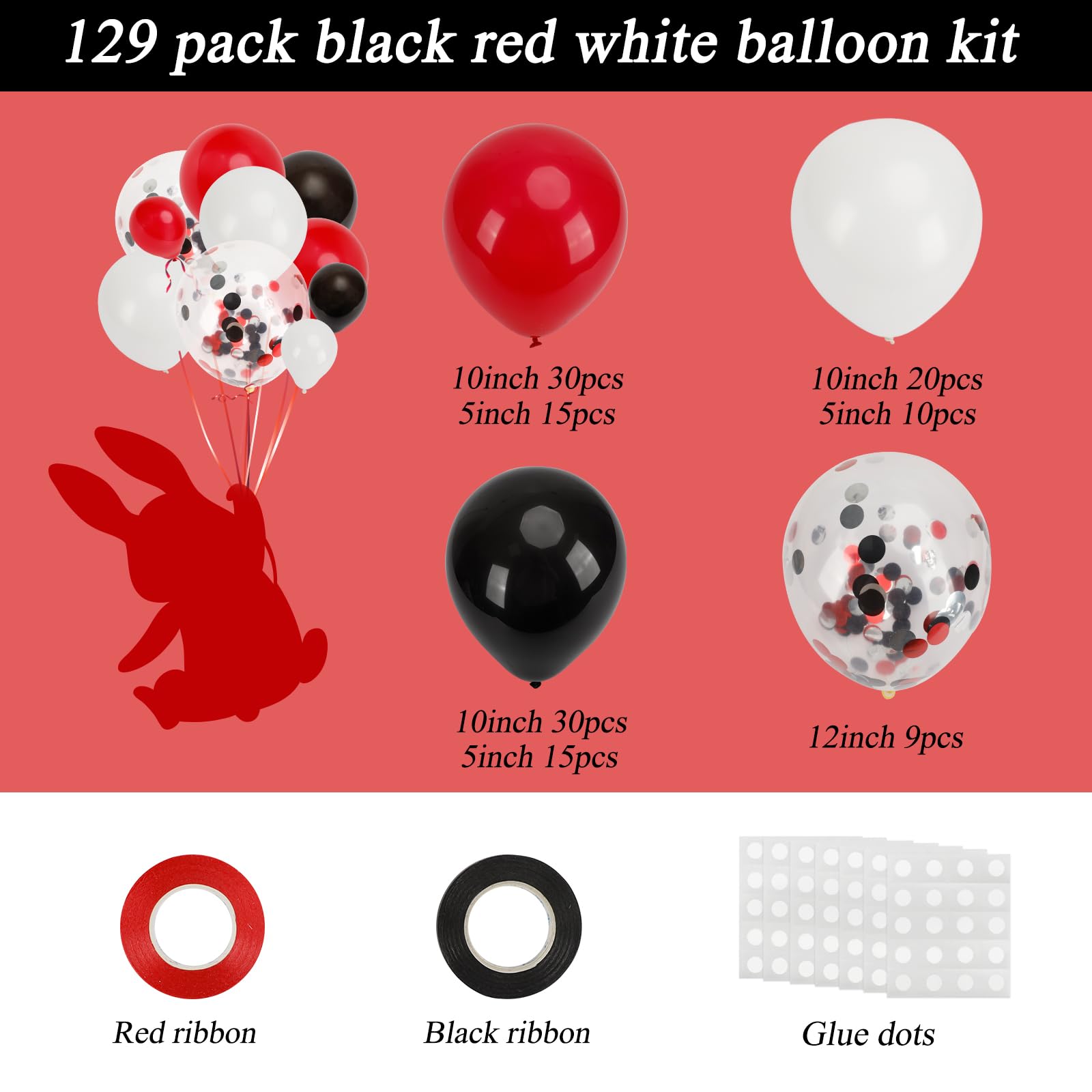 RUBFAC 129pcs Red Black White Balloons Garland Arch Kit with Confetti Balloons - Perfect for Birthday, Graduation, Baby Shower, Racing Car & Poker Themed Parties - Party Decorations & Supplies