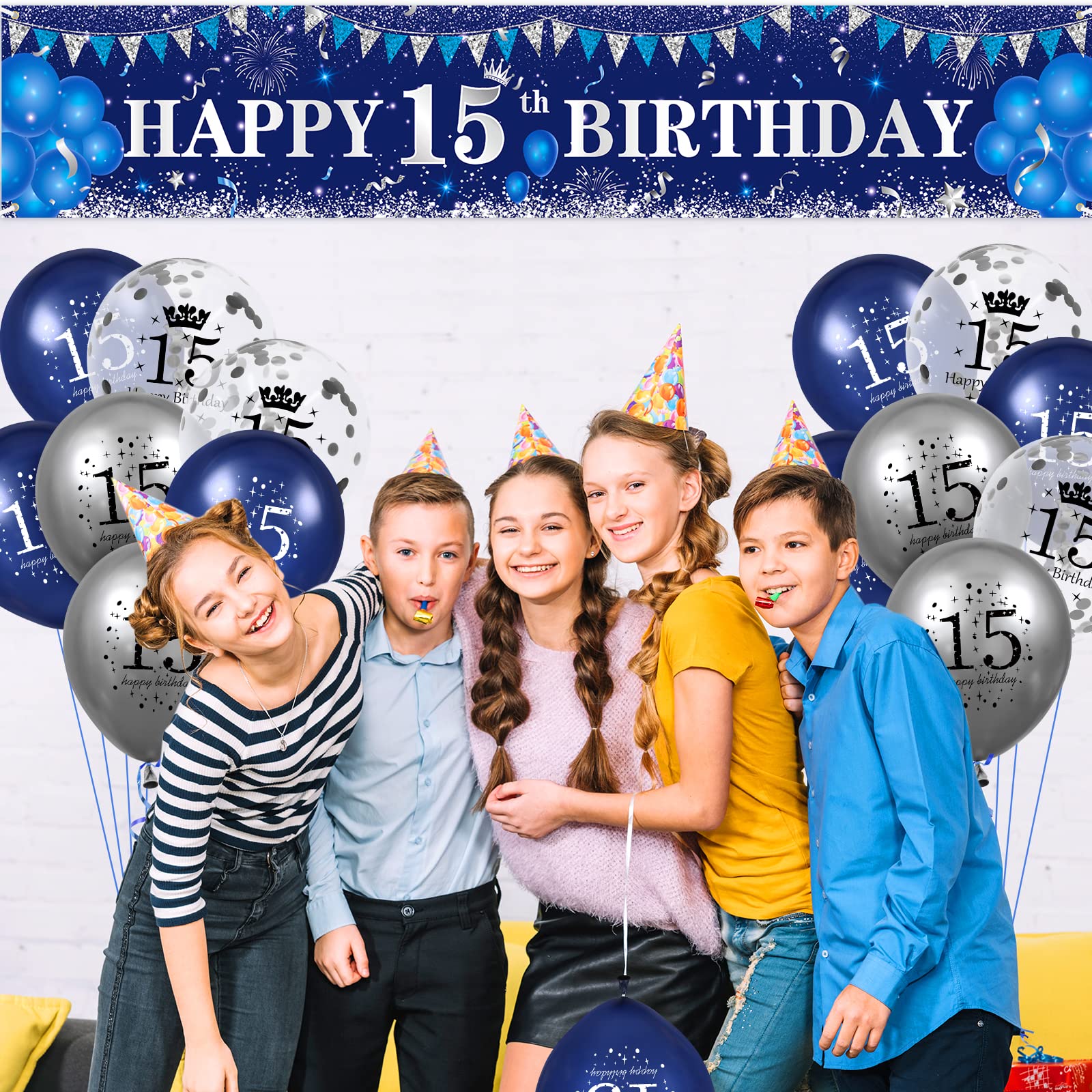 Navy Blue & Silver Happy 15th Birthday Decorations Set - Yard Banner, Balloons for Boys & Girls 15th Birthday Party Supplies | Perfect for Anniversary Celebrations, Backyard Parties & Milestone Decor