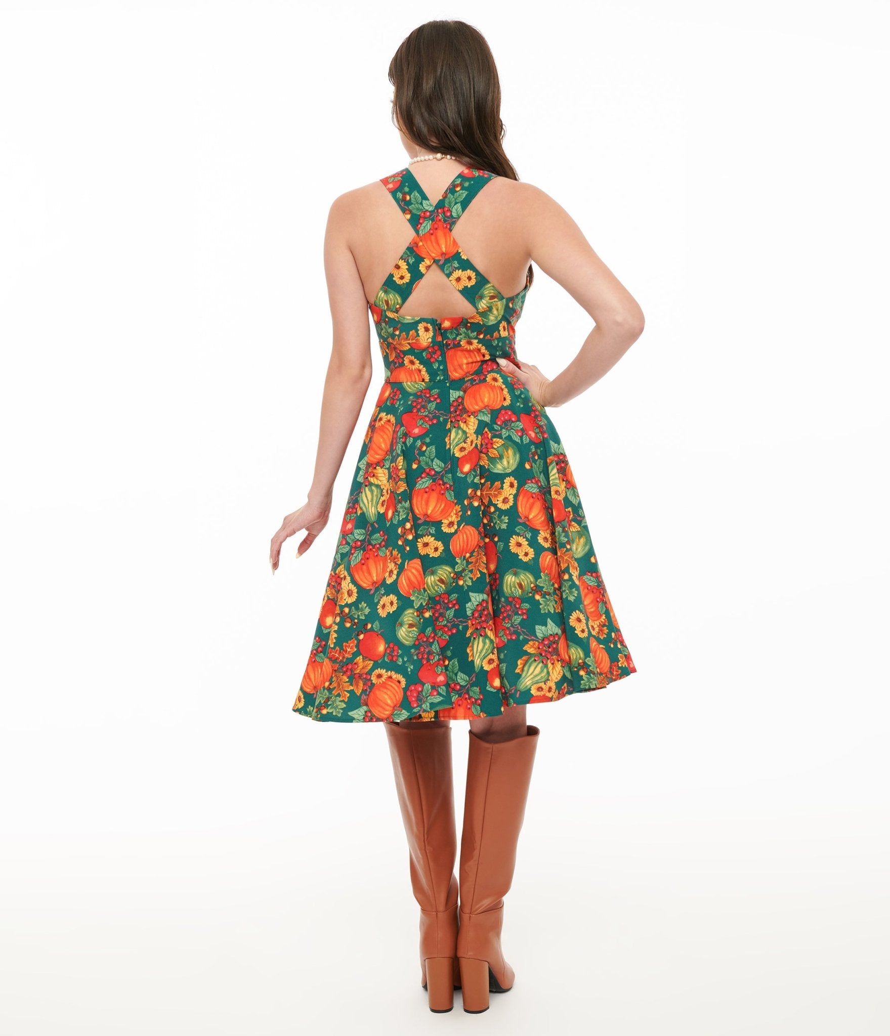 Vintage 1950s Hell Bunny Green & Orange Leaf Print Pinafore Swing Dress - Retro Rockabilly Style for Parties, Tea Dances & Pinup Fashion Photography