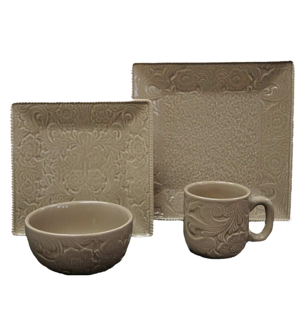 HiEnd Accents Savannah 16-Piece Ceramic Dinnerware Set - Plates, Bowls & Mugs in Tan Tooled Leather Floral Pattern, Modern Rustic Western Style Tableware - Perfect for Farmhouse Dining, Western-Themed Parties & Rustic Home Decor