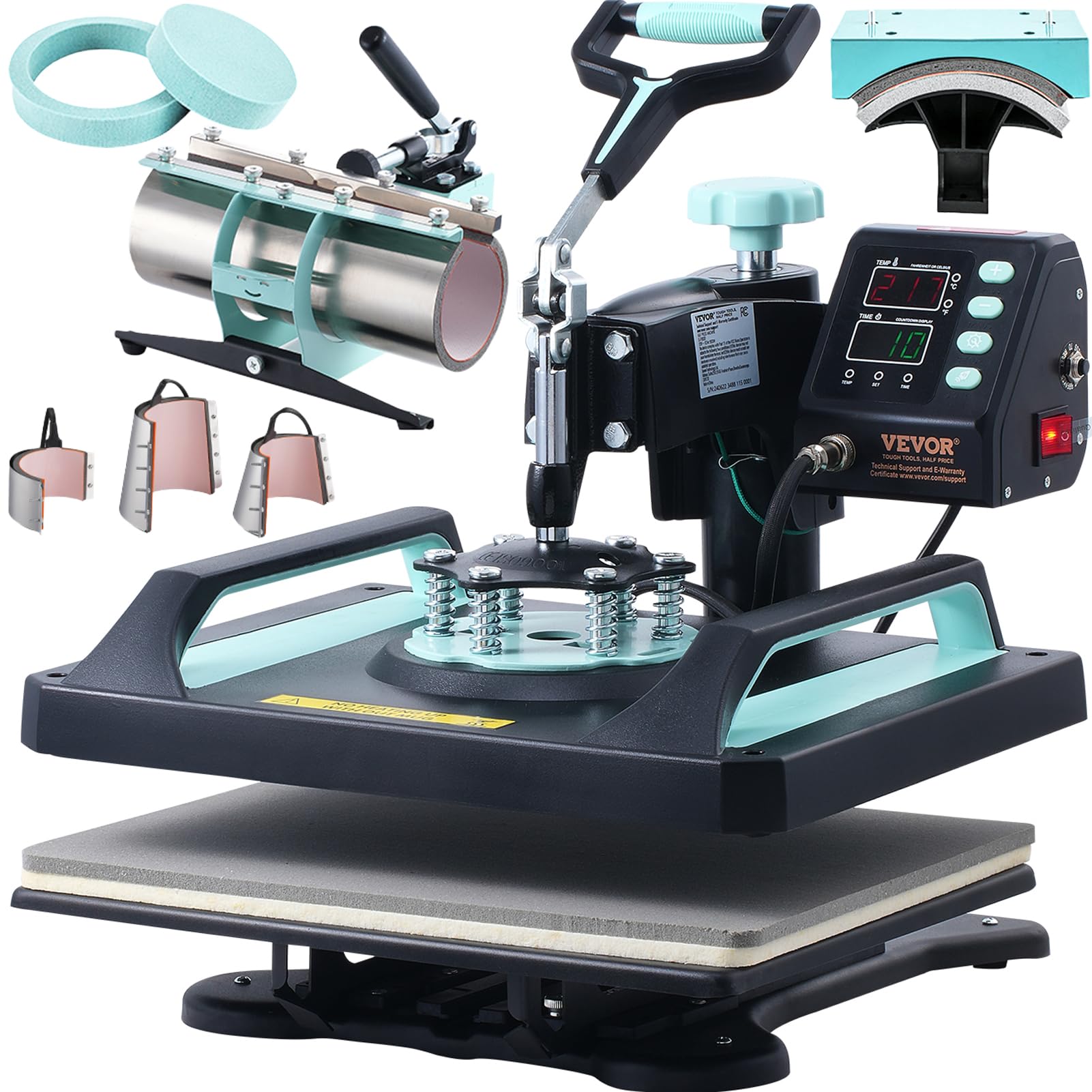 VEVOR 8-in-1 Digital Heat Press Machine for T-Shirts, Hats, Mugs & Plates - 12x15 Inch Swing Away T-Shirt Press with 30oz Tumbler Press, Hat Press & Plate Press (Light Green) - Perfect for DIY Custom Apparel, Sublimation Projects & Small Business Printing