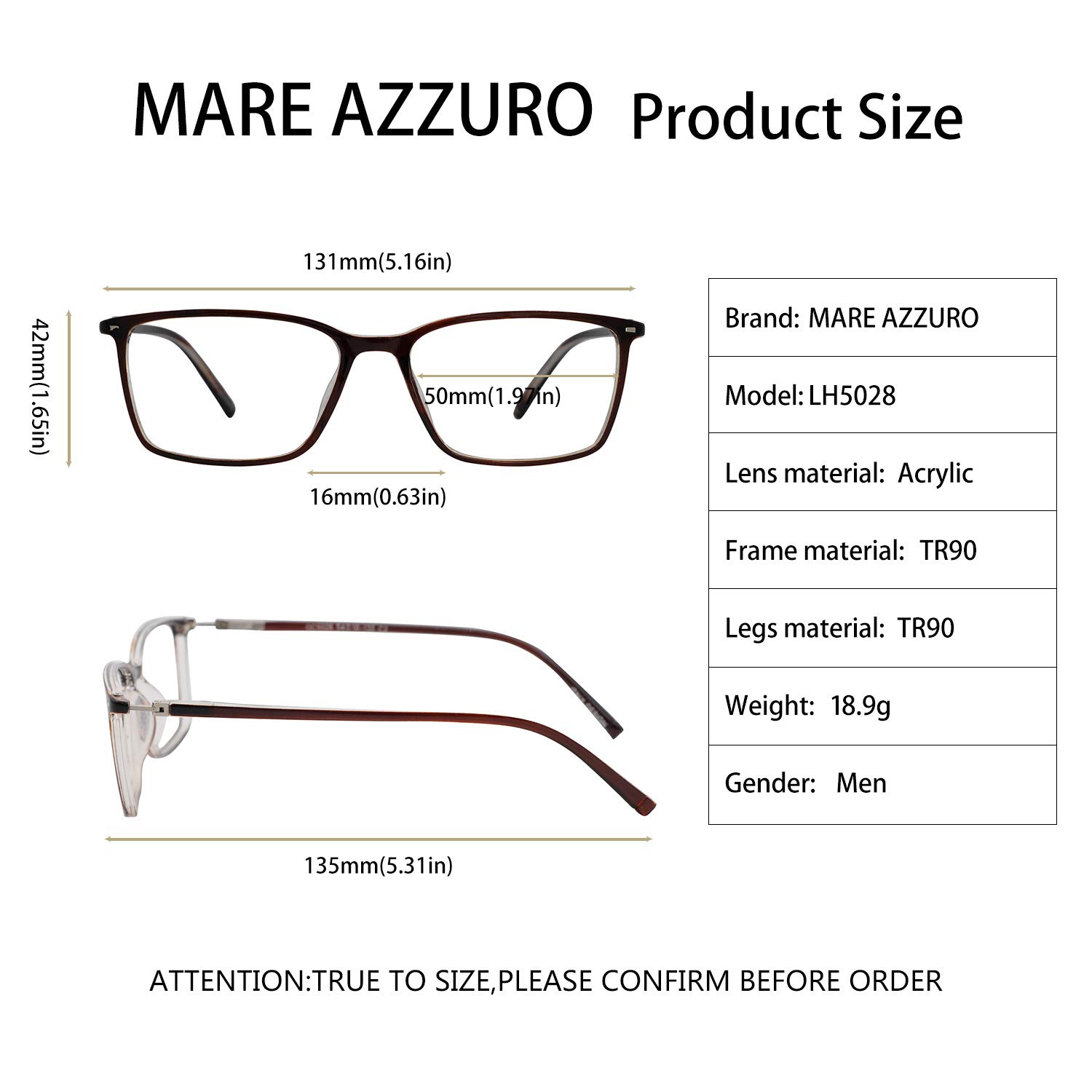 MARE AZZURO Flexible Reading Glasses for Men - 6.00 Strength Readers (600) - Stylish Rectangular Classic Frames - Perfect for Reading Books, Newspapers & Digital Screens
