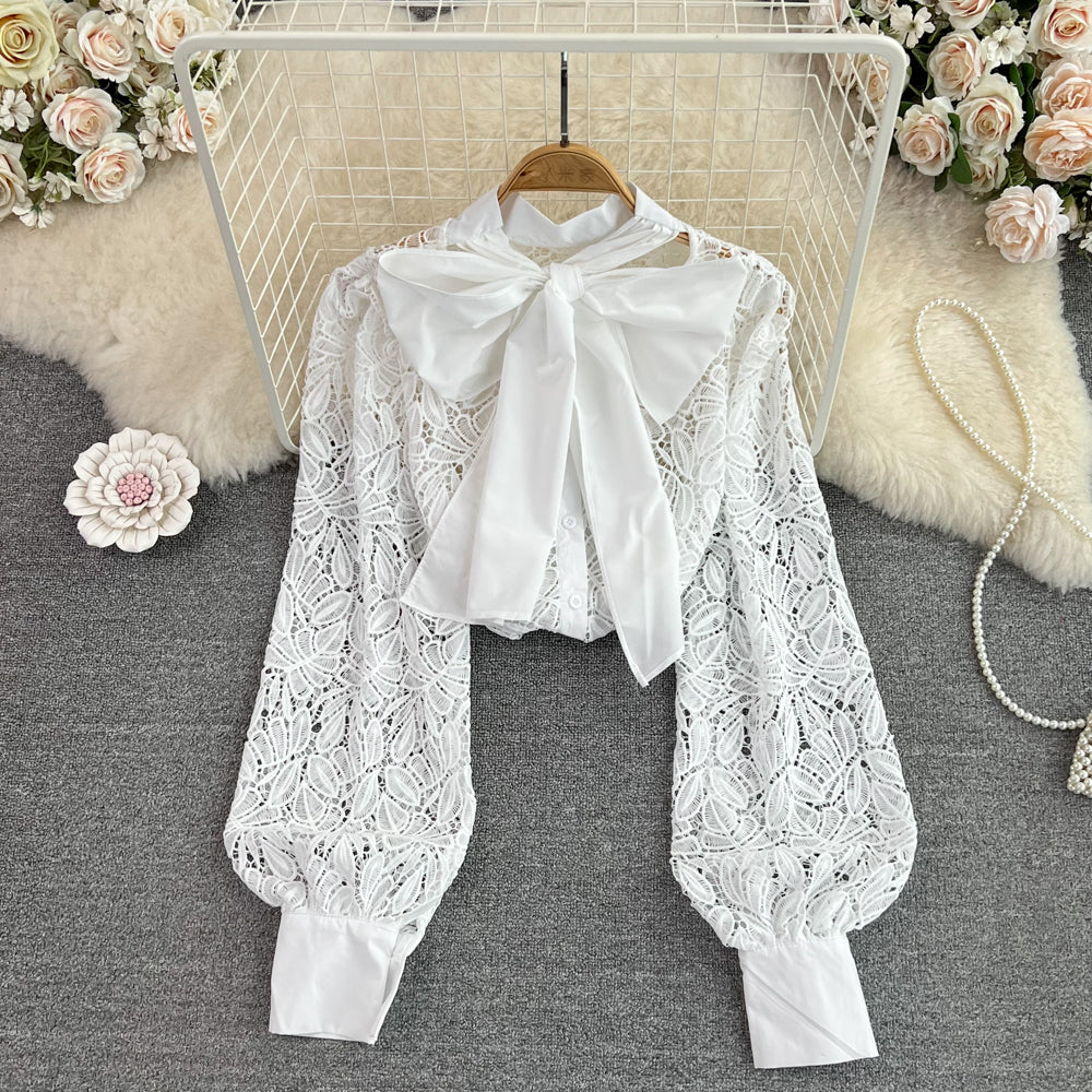 Elegant Long Sleeve Bow Knot Loose Lace Blouse Top for Women - Romantic Flowy Shirt for Office, Date Night & Special Occasions