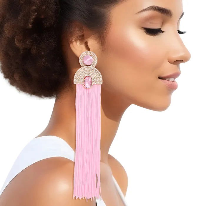 Vintage Pink Crystal Fringe Tassel Earrings for Women - Glamorous Dangle Drop Statement Jewelry - Perfect for Parties, Weddings & Special Occasions