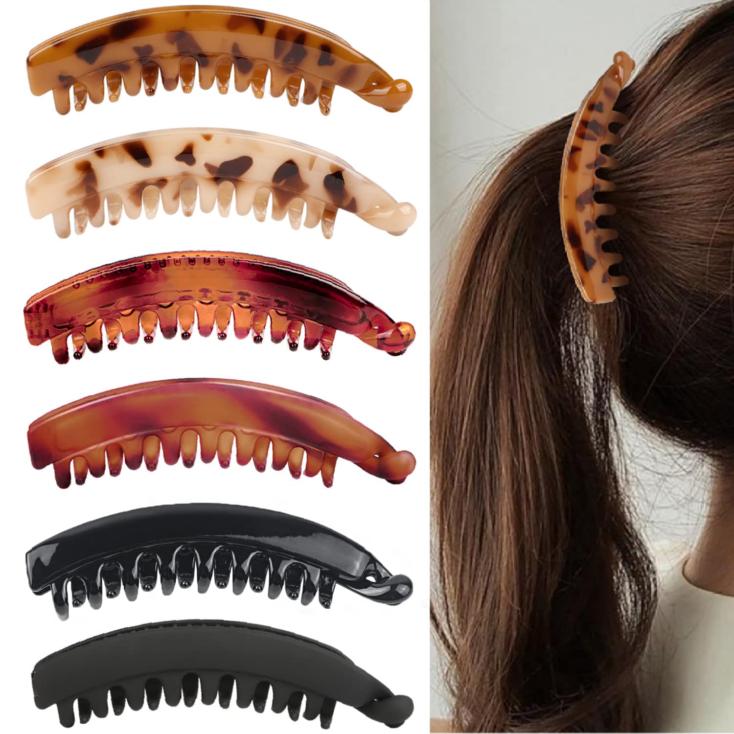 6 Pcs Large Banana Hair Clips 5.3 Inch - Strong Hold Hair Accessories for Women & Girls with Thick or Fine Hair - Perfect for Ponytails, Buns & Everyday Hairstyles