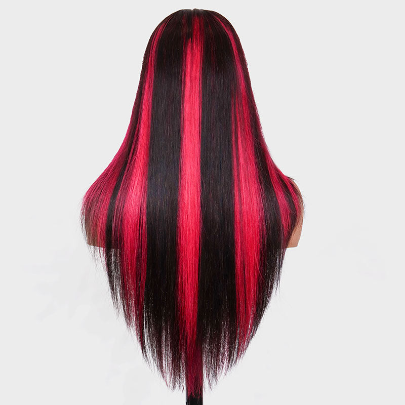 Eullair Green Skunk Stripe Layered Cut Straight Human Hair Wig with Golden Ginger Highlights - Pre Cut Lace Front for Natural Look | Perfect for Cosplay, Halloween, Daily Fashion & Special Occasions