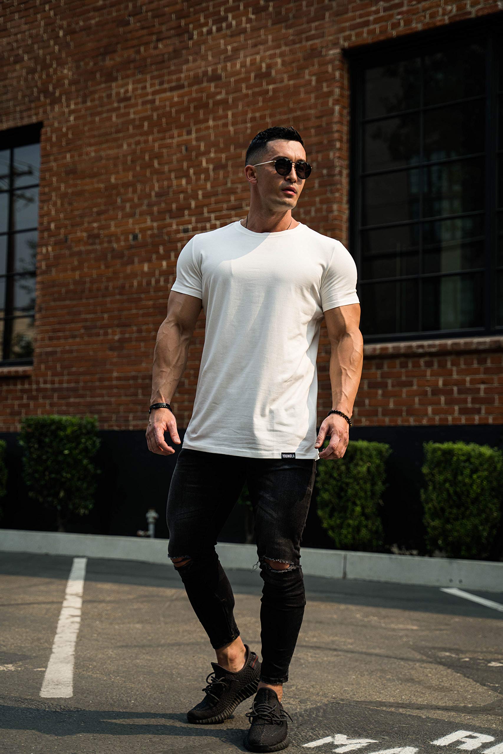 YoungLA Men's Minimalist Fitted T-Shirts - Slim Fit Long Drop Cut Tee for Gym & Workout | Breathable Cotton Shirt for Training, Running & Casual Wear
