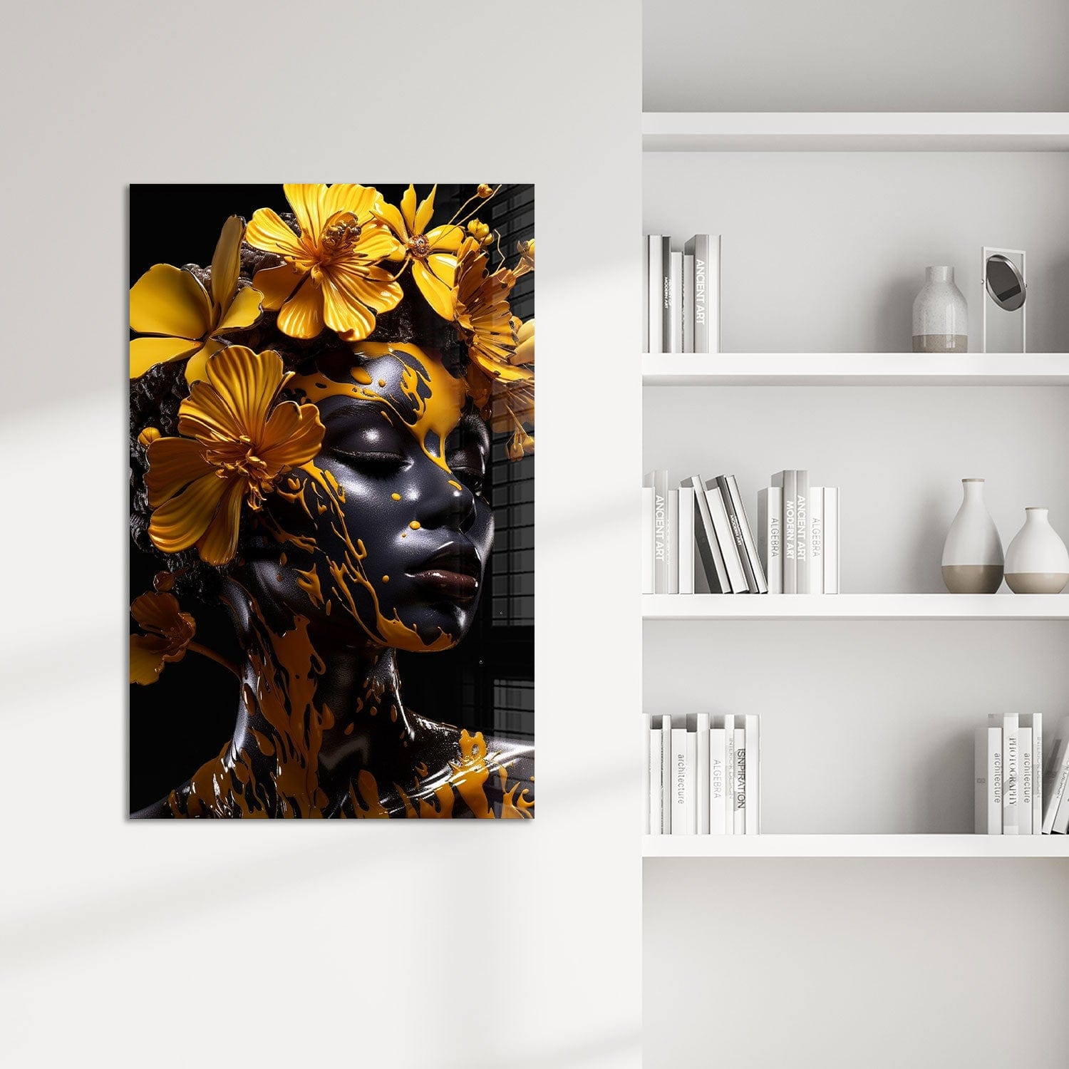 Yellow Floral Woman Tempered Glass Wall Art - Elegant Home Decor for Living Room, Bedroom & Office