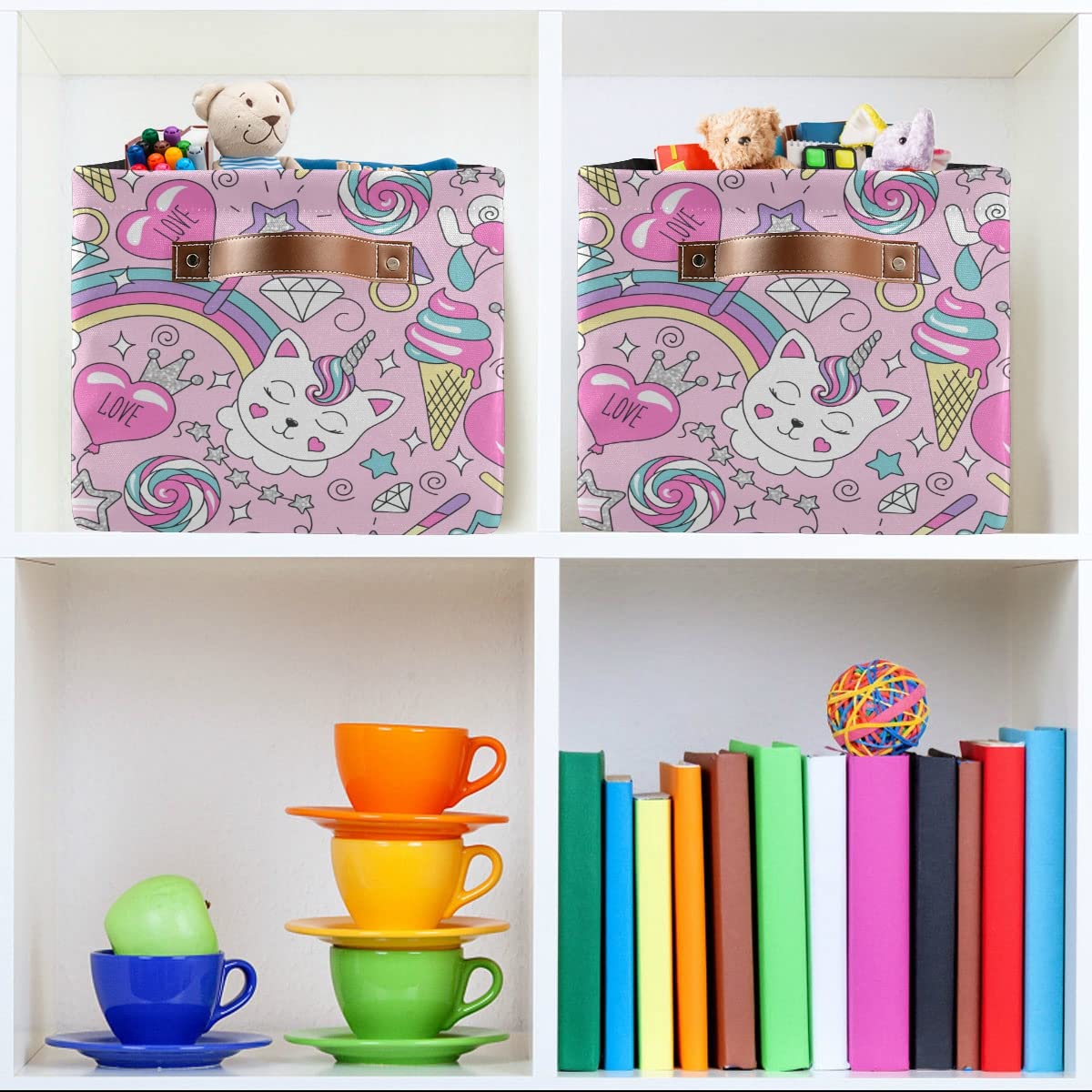 Pink Unicorn Kitten Collapsible Storage Basket - Waterproof Canvas Bin with Handles for Nursery, Toys, Books & Closet Organization | Perfect for Kids' Bedroom, Playroom & Home Decor