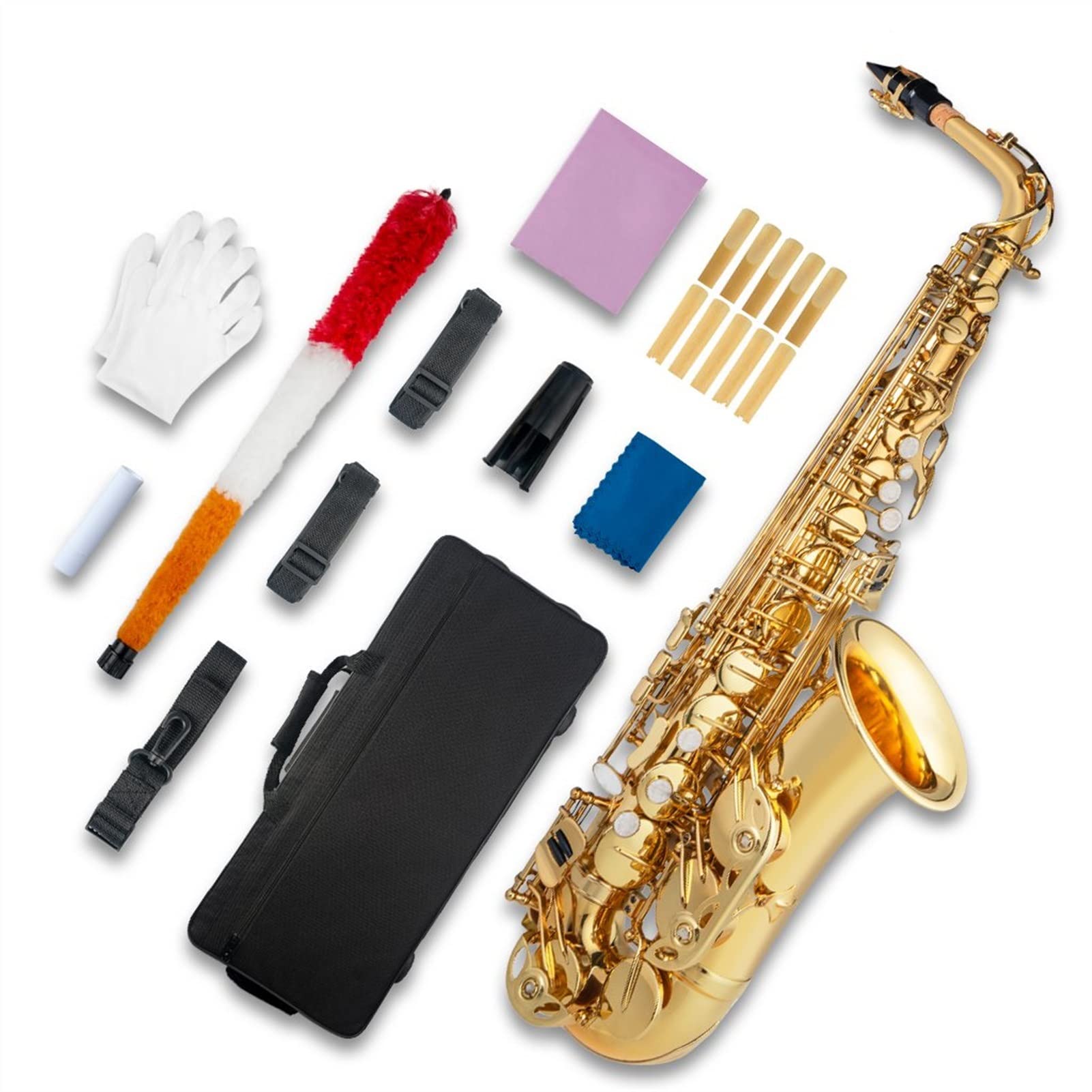 **Professional Alto Saxophone E Flat Gold Lacquer Kit for Beginners – Includes Cleaning Cloth, Mouthpiece, Cork Grease, Reeds, Gloves & Carry Case – Perfect for School Bands, Music Lessons & Practice**