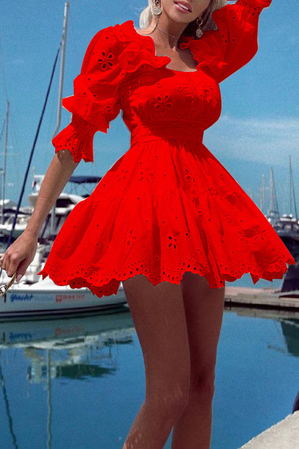 Elegant Bell Sleeve Hollow Out High Waist Mini Dress for Women - Perfect for Commuting, Office Wear & Date Night Outfits