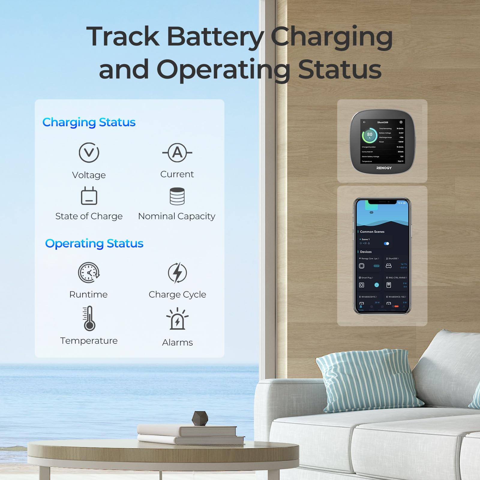 Renogy 300A Battery Monitor Shunt with LCD Display - Accurate Voltage & Current Tracking for RV, Marine, Solar Power Systems