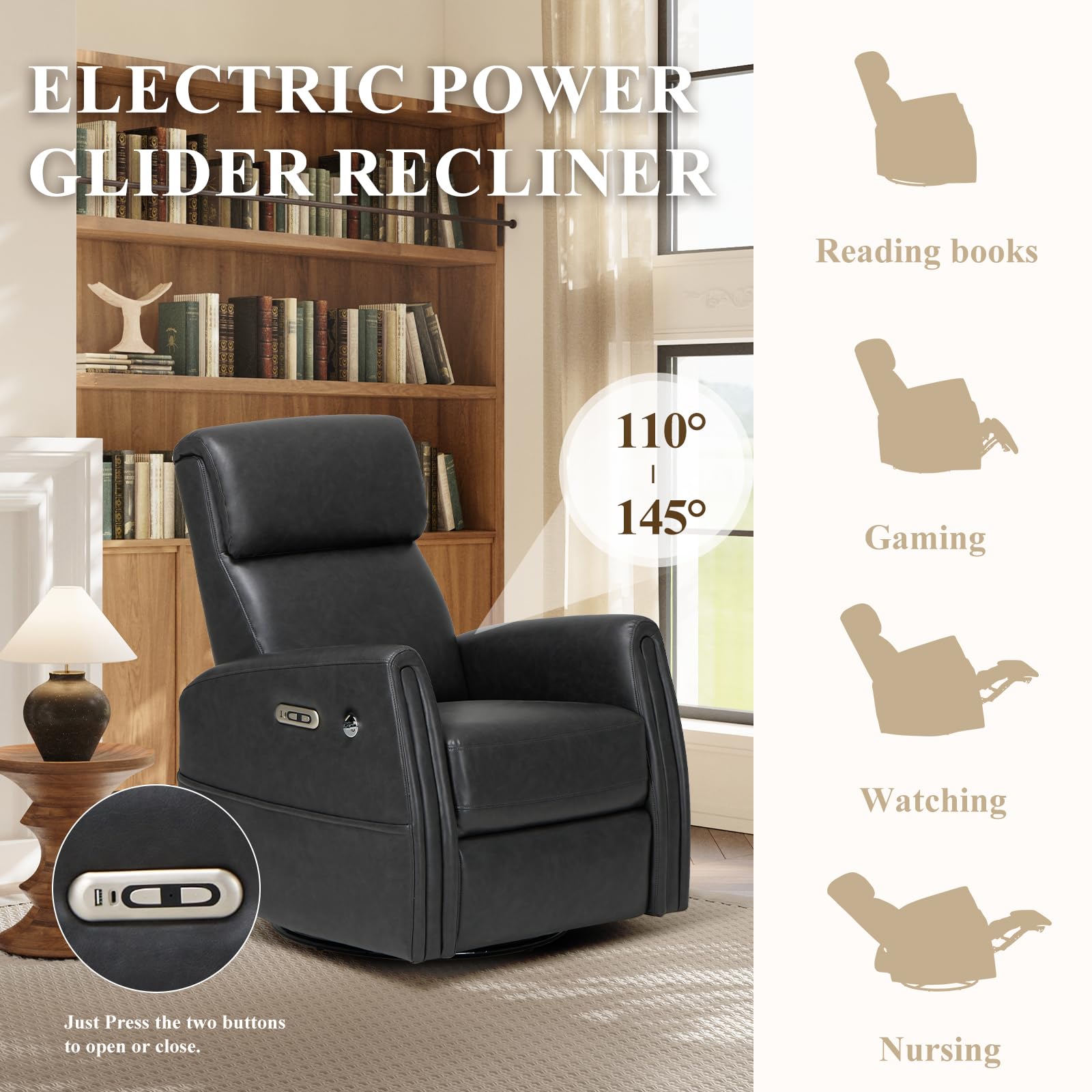 COLAMY Power Swivel Recliner Glider Rocking Chair with USB Charging Ports - Comfortable Nursery Chair for Baby Room, Living Room Accent Armchair & Bedroom Recliner - Charcoal Gray - Perfect for Nursing, Relaxing & Small Space Furniture