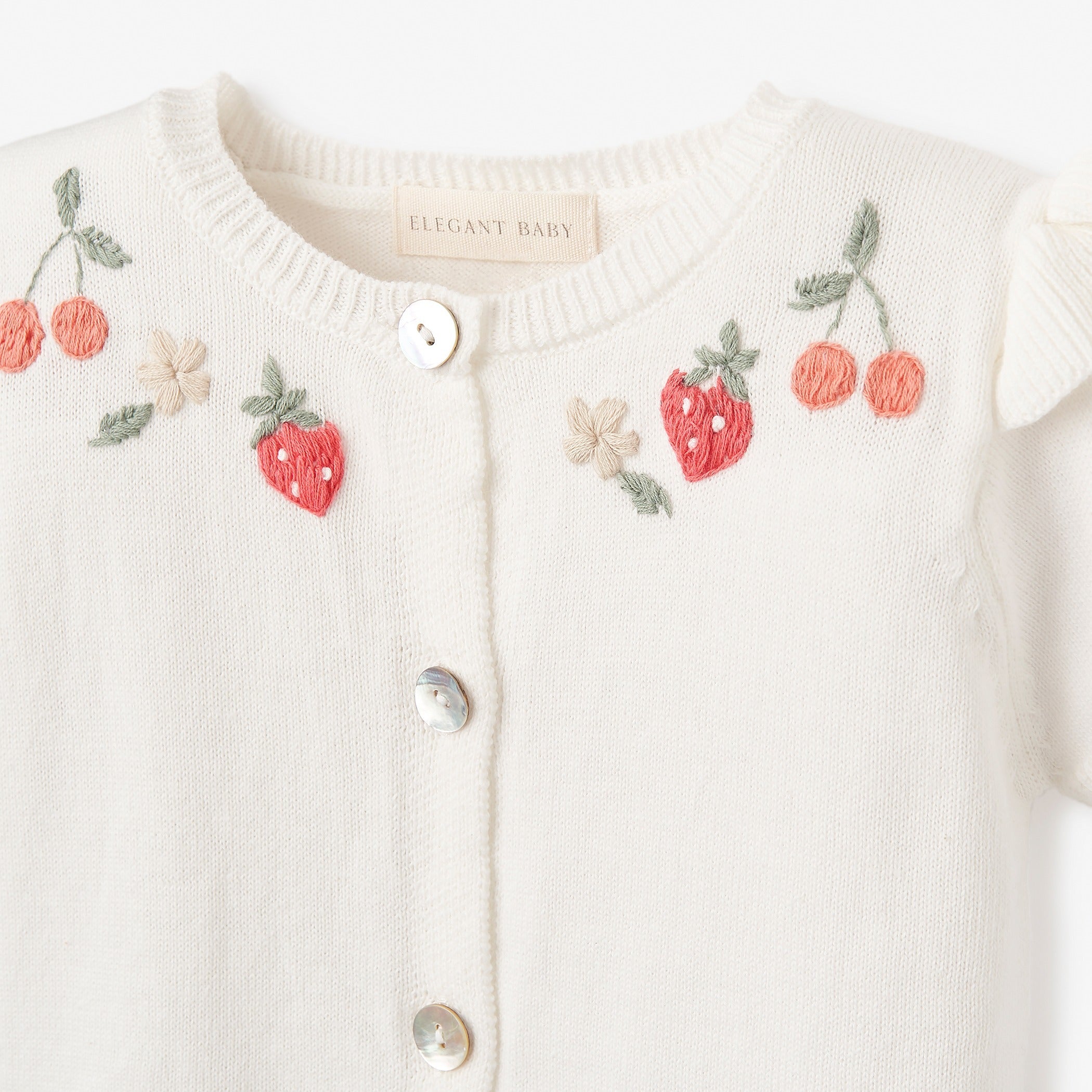 Hand Embroidered Strawberry Flutter Sleeve Baby Cardigan - Soft Cotton Knitwear for Newborns & Infants - Perfect for Photoshoots, Parties & Special Occasions