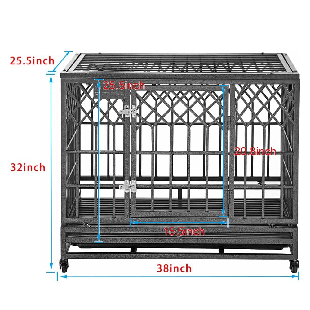 Heavy Duty Dog Cage for Large Dogs - 38 Inch Strong Metal Kennel & Crate with 3 Doors, 4 Wheels, Y-Shape Design - Perfect for Home, Travel & Outdoor Use - Silver Pet Playpen