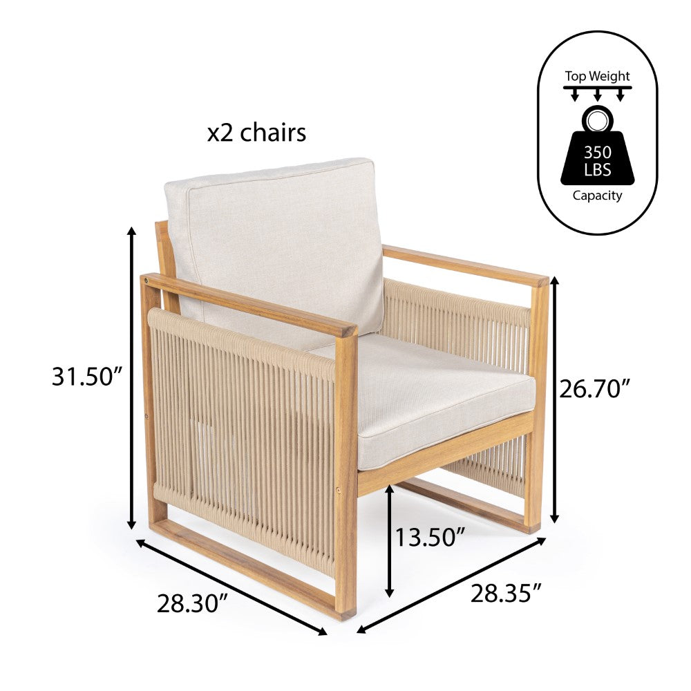 Mid Century Modern Acacia Wood Outdoor Patio Chair with Cushions - Roped Design for Porch, Garden & Backyard Relaxation