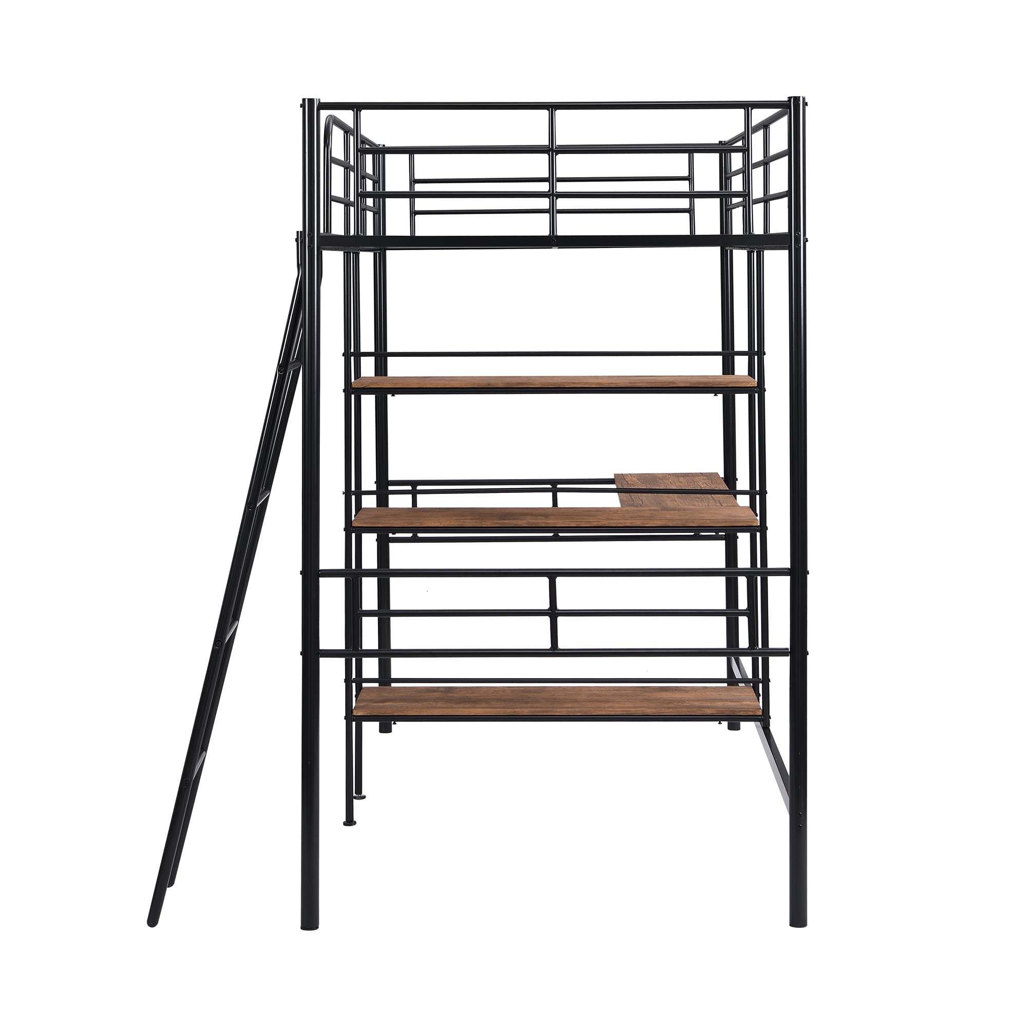 Twin Size Loft Bed with Built-in Desk & 3-Tier Shelves - Under-Bed Workstation, Metal Bed Frame with Ladder & Guardrails - Space Saving Bedroom Furniture for Small Rooms, Dorms & Apartments (Black)