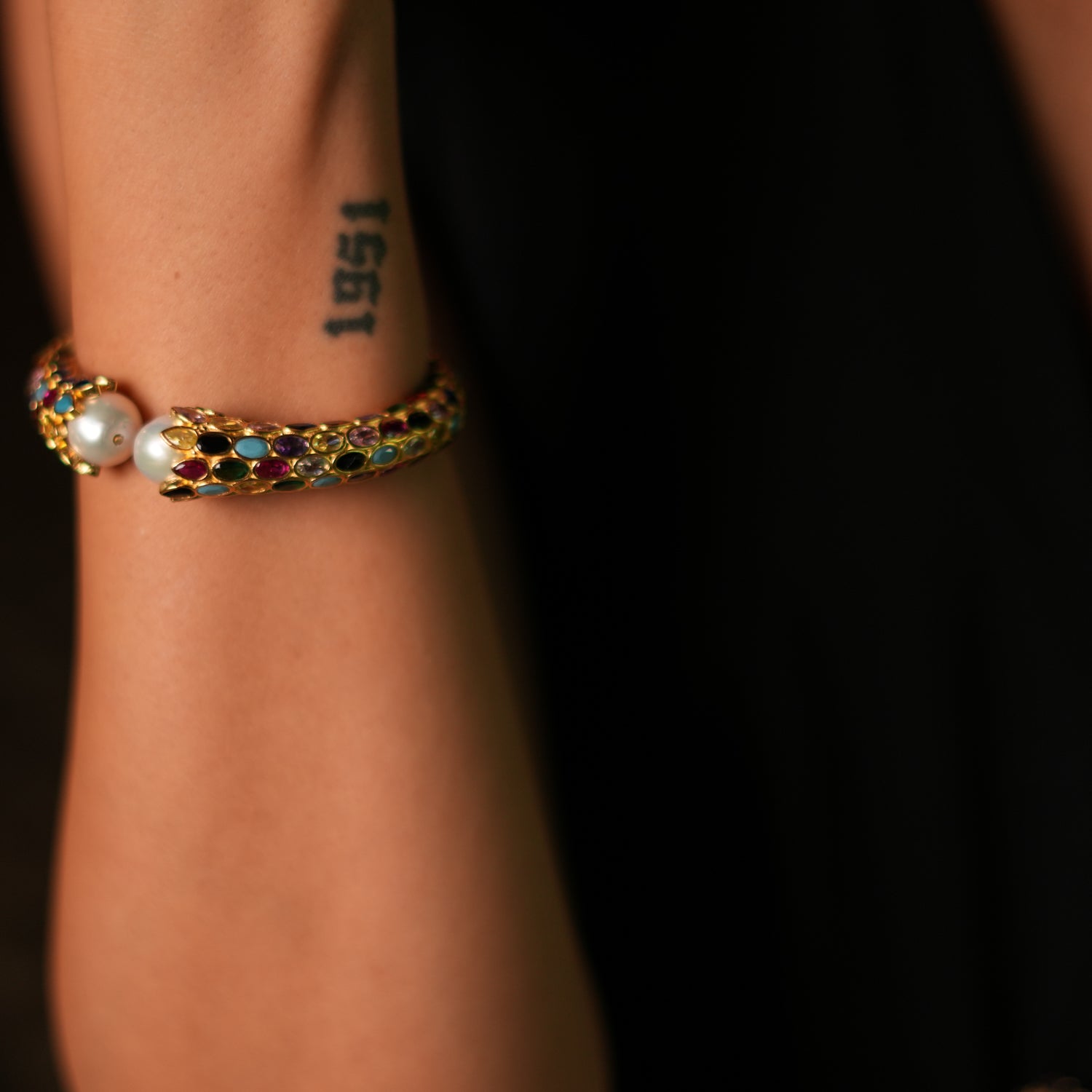 Cleopatra Multi Gemstone & Pearl Gold Chunky Cuff Bracelet for Women | Elegant Statement Jewelry for Parties, Weddings & Special Occasions