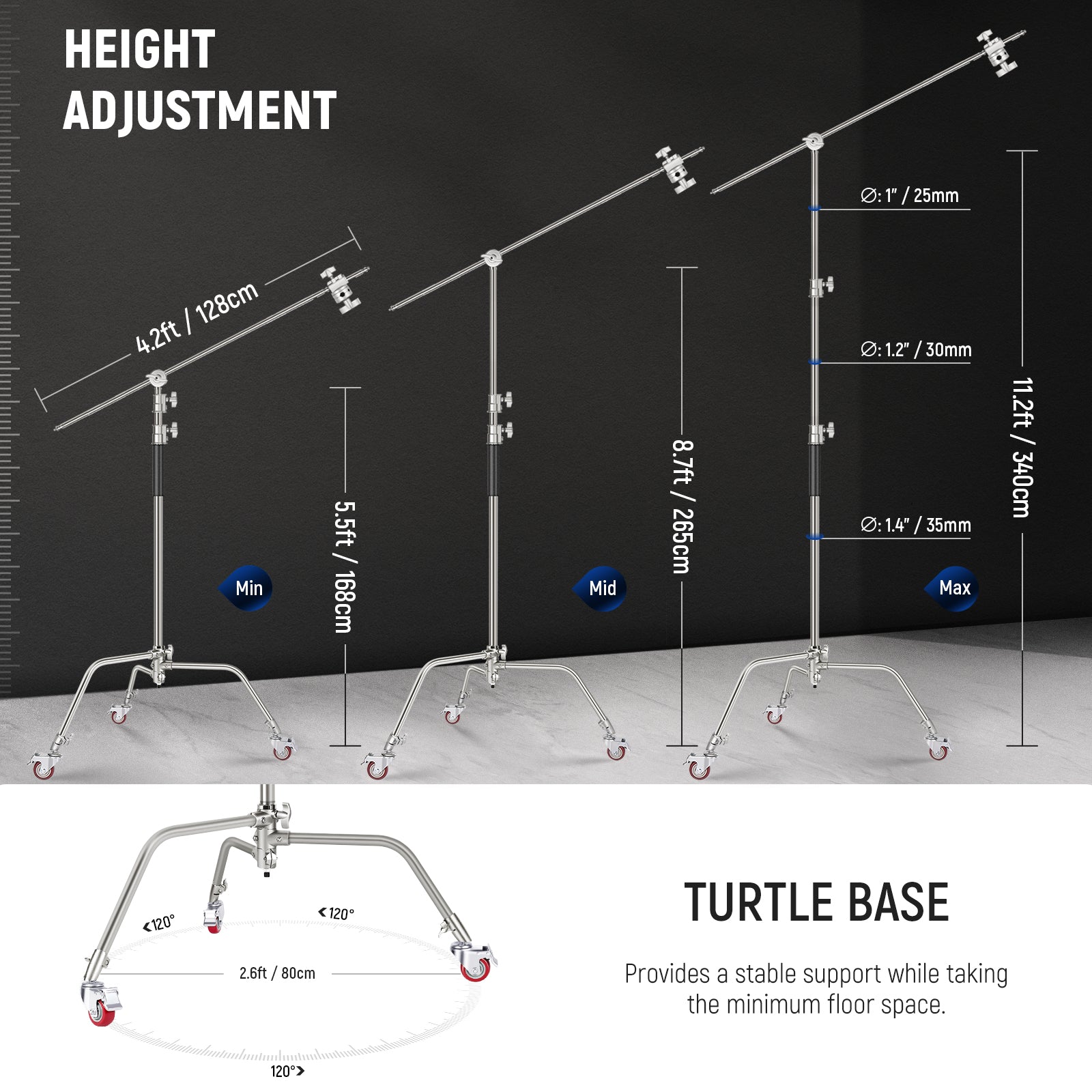 Professional NEEWER Pro 330cm Stainless Steel C Stand with Boom Arm - Heavy Duty Photography & Video Lighting Equipment for Studio, YouTube, Film Production