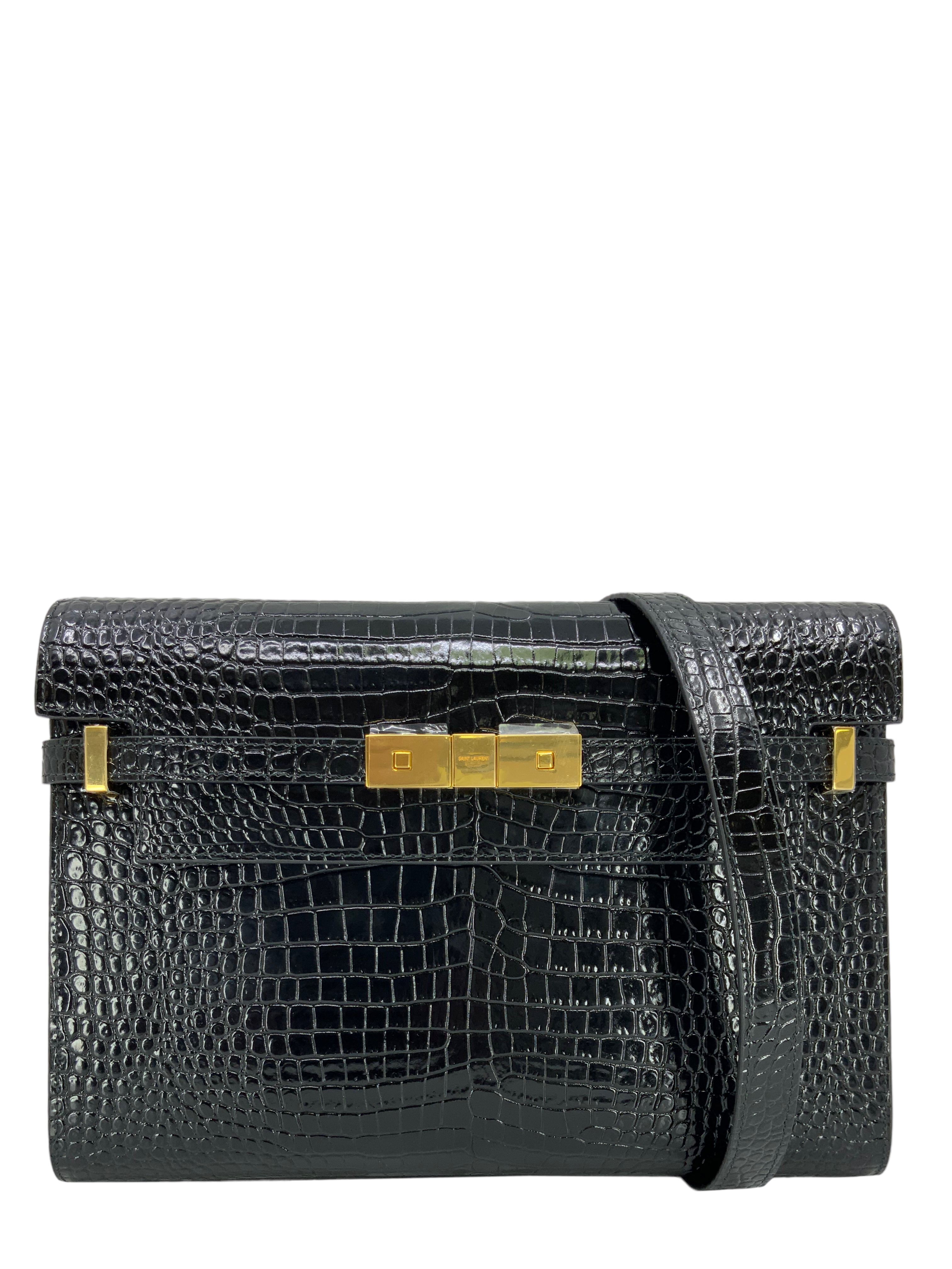 SAINT LAURENT Manhattan Crocodile Embossed Patent Leather Shoulder Bag for Women - Luxury Designer Handbag for Work, Travel & Evening Events
