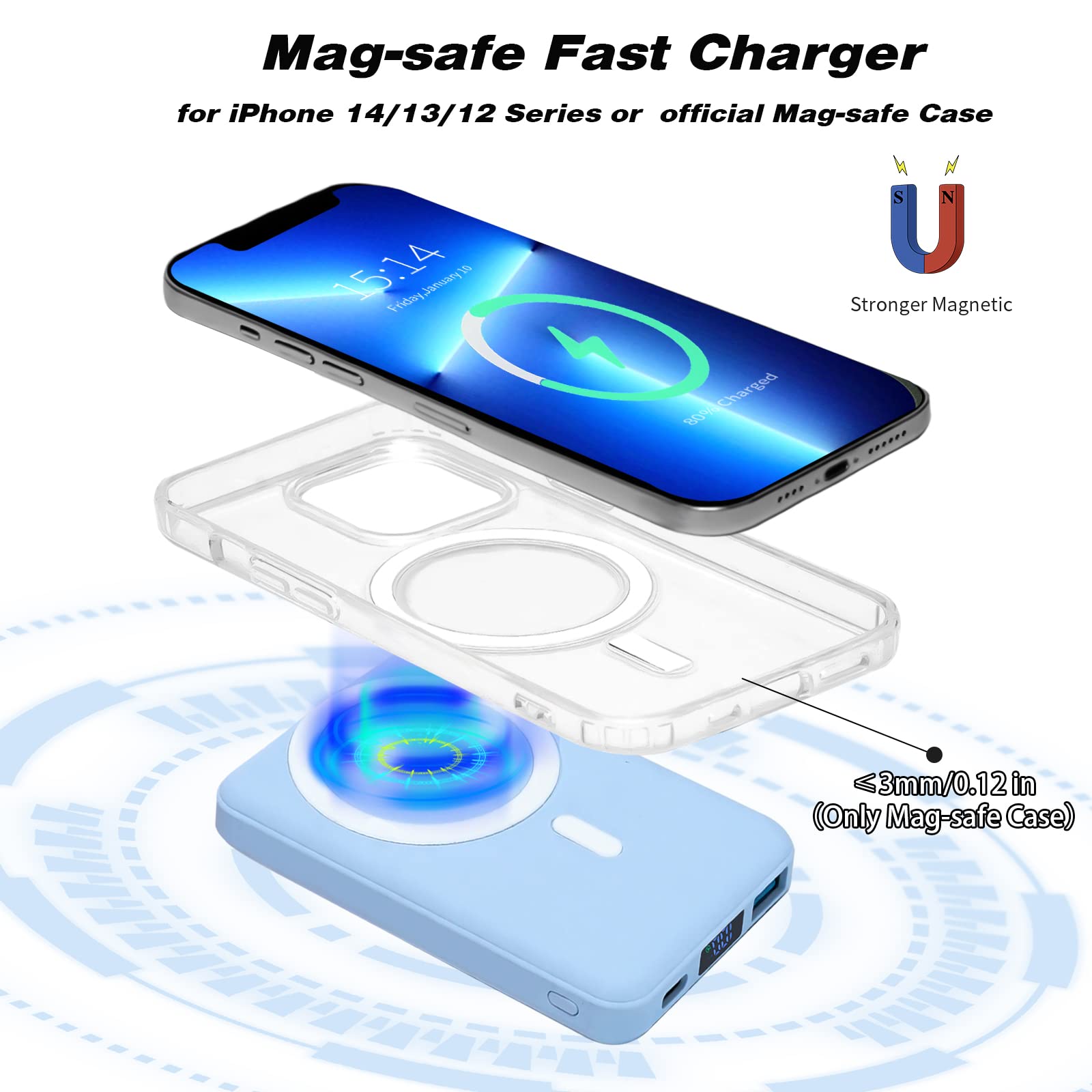 10000mAh Magnetic Wireless Portable Charger - PD 22.5W Fast Charging Power Bank with QC3.0 & USB-C | LED Display MagSafe Battery Pack for iPhone 14/13/12 Pro Max/Pro/Mini (Sierra Blue) | Perfect for Travel, Camping & On-the-Go Charging