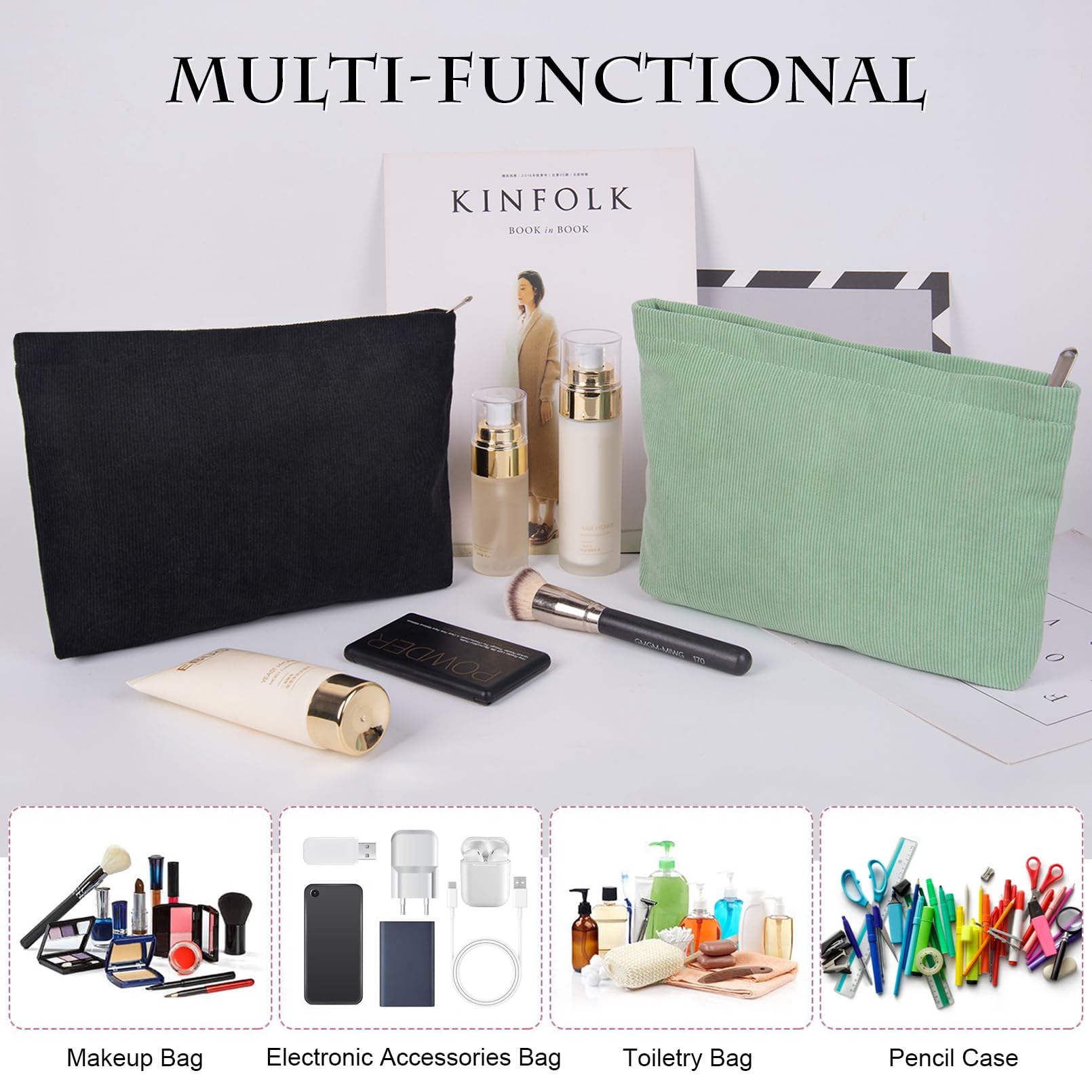 FITDON 2-Pack Corduroy Makeup Bags for Women - Small Zippered Cosmetic Pouch & Travel Toiletry Organizer (Black) - Perfect for Purse, Gym, and Weekend Getaways