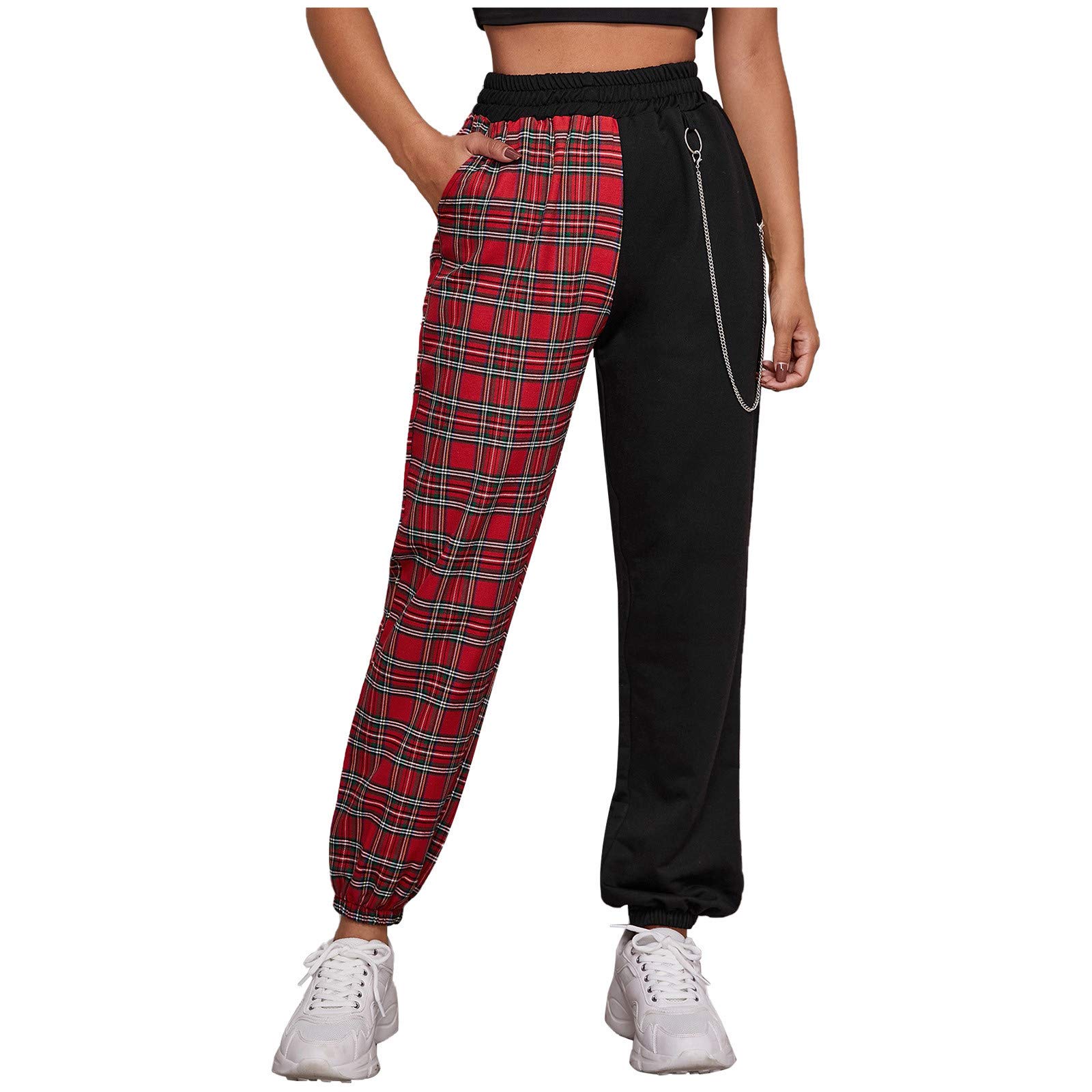 Long Women's Punk High Waist Chain Plaid Trousers - Casual Track Sweatpants with Pockets | Perfect for Streetwear, Concerts & Edgy Fashion Outfits