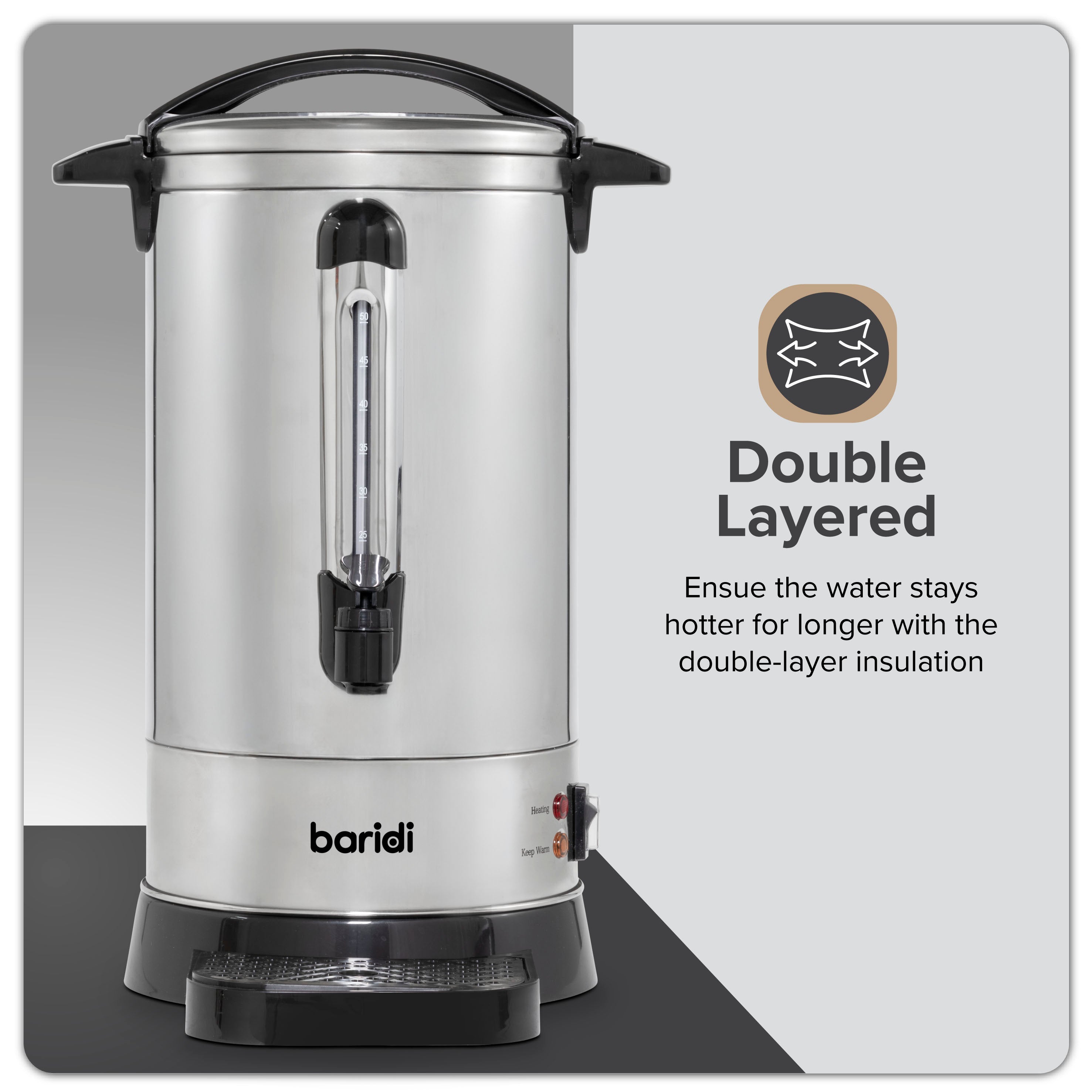 Baridi 10L Stainless Steel Hot Water Boiler & Tea Urn with Drip Tray - Keep Warm Function for Coffee, Tea & Catering - Perfect for Restaurants, Cafes & Events