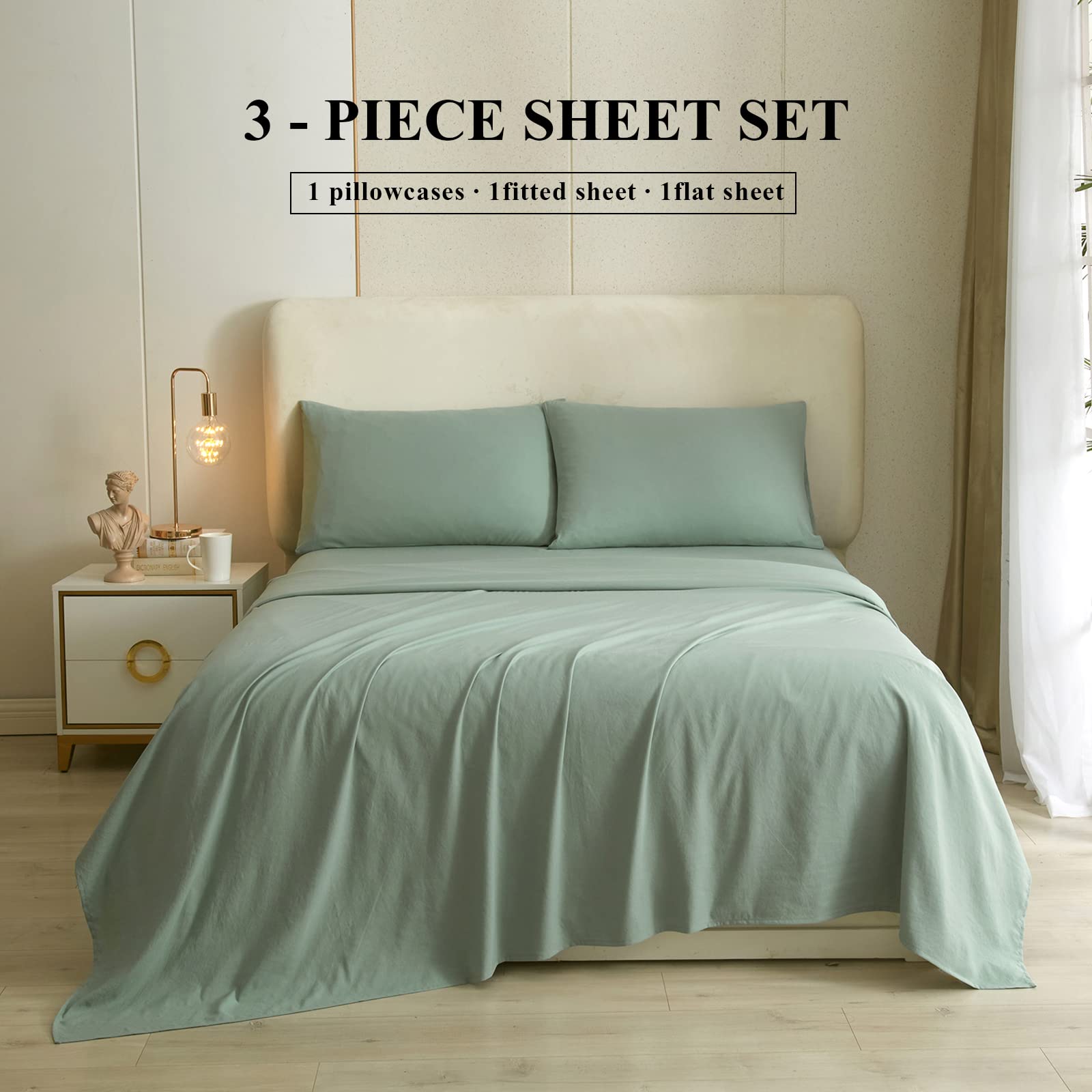 HighBuy Twin Bed Sheets Set - 3 Piece Microfiber Bedding in Sage Green - Breathable, Shrink & Fade Resistant - Deep Pocket Fits 16