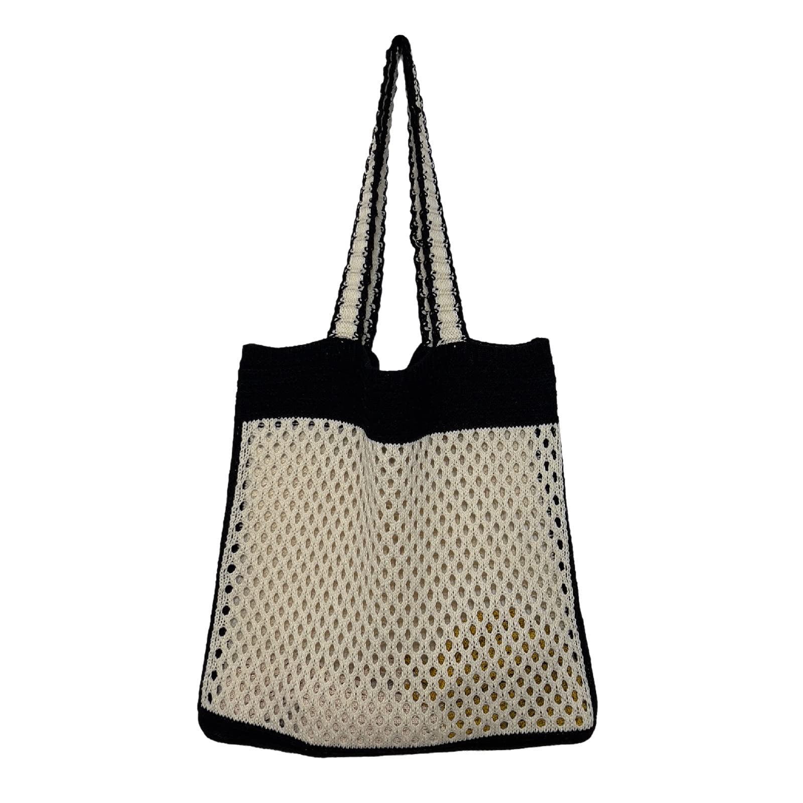 Stylish Knit Mesh Beach Bag for Women - Breathable Straw Tote with Bottle Holder - Perfect for Travel, Shopping & Picnics (Black, One Size)