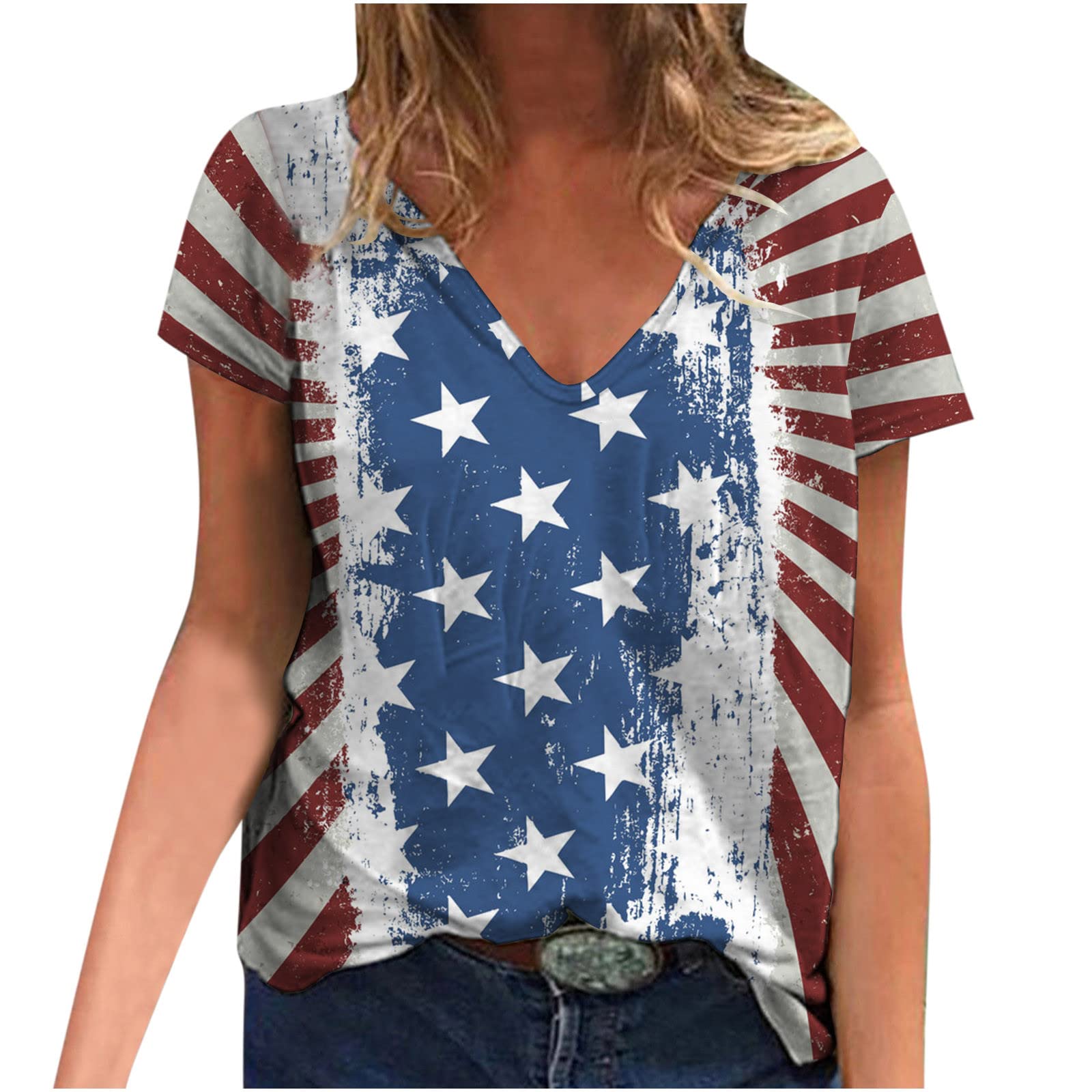 Women's Star Printed V-Neck Short Sleeve Blouse - Casual & Dressy Pullover Tops for Work, Party & Everyday Wear | Breathable Activewear T-Shirt Style #1660