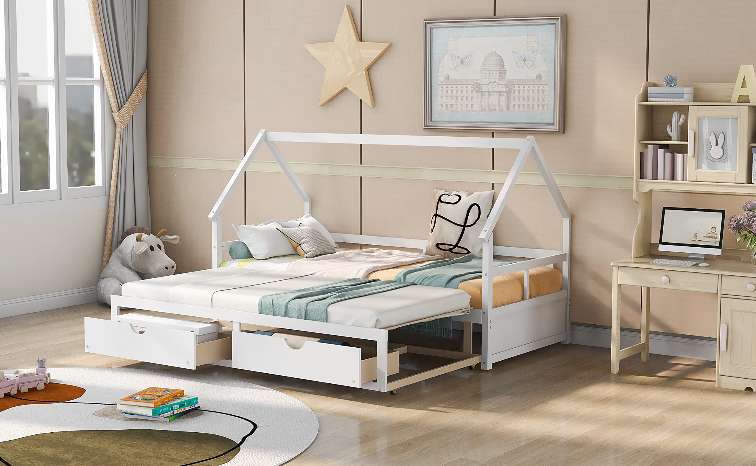 Wooden House-Shaped Daybed with Trundle & 2 Drawers - Kids & Teens Bed Frame with Roof - No Box Spring Needed - White - Perfect for Bedrooms, Playrooms & Sleepovers