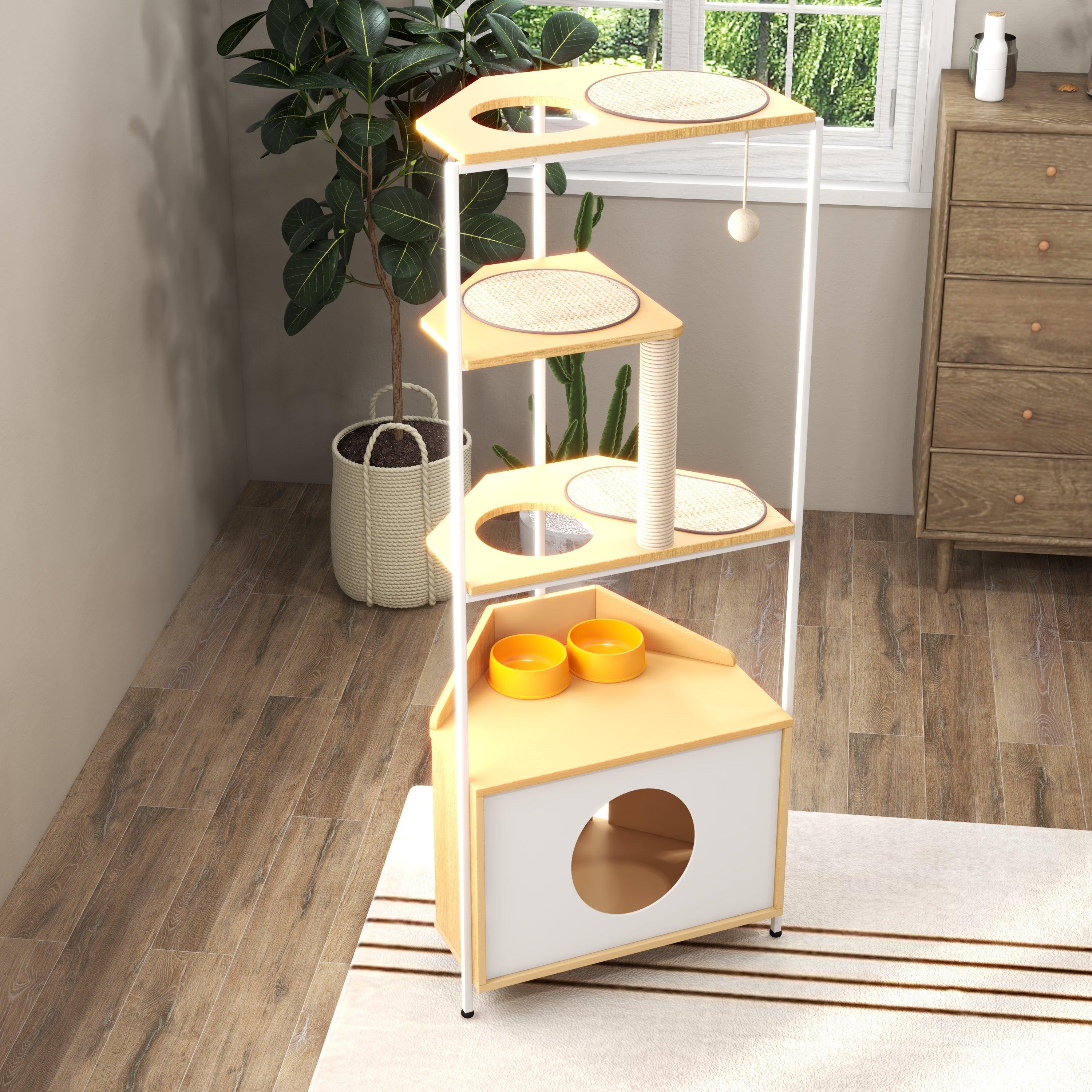 Premium Cat Tree with Scratching Post & Climbing Platforms - Multi-Level Cat Condo with Feeding Station - Sturdy Corner Cat Tower for Indoor Cats - Perfect for Play, Rest & Feeding in Small Spaces