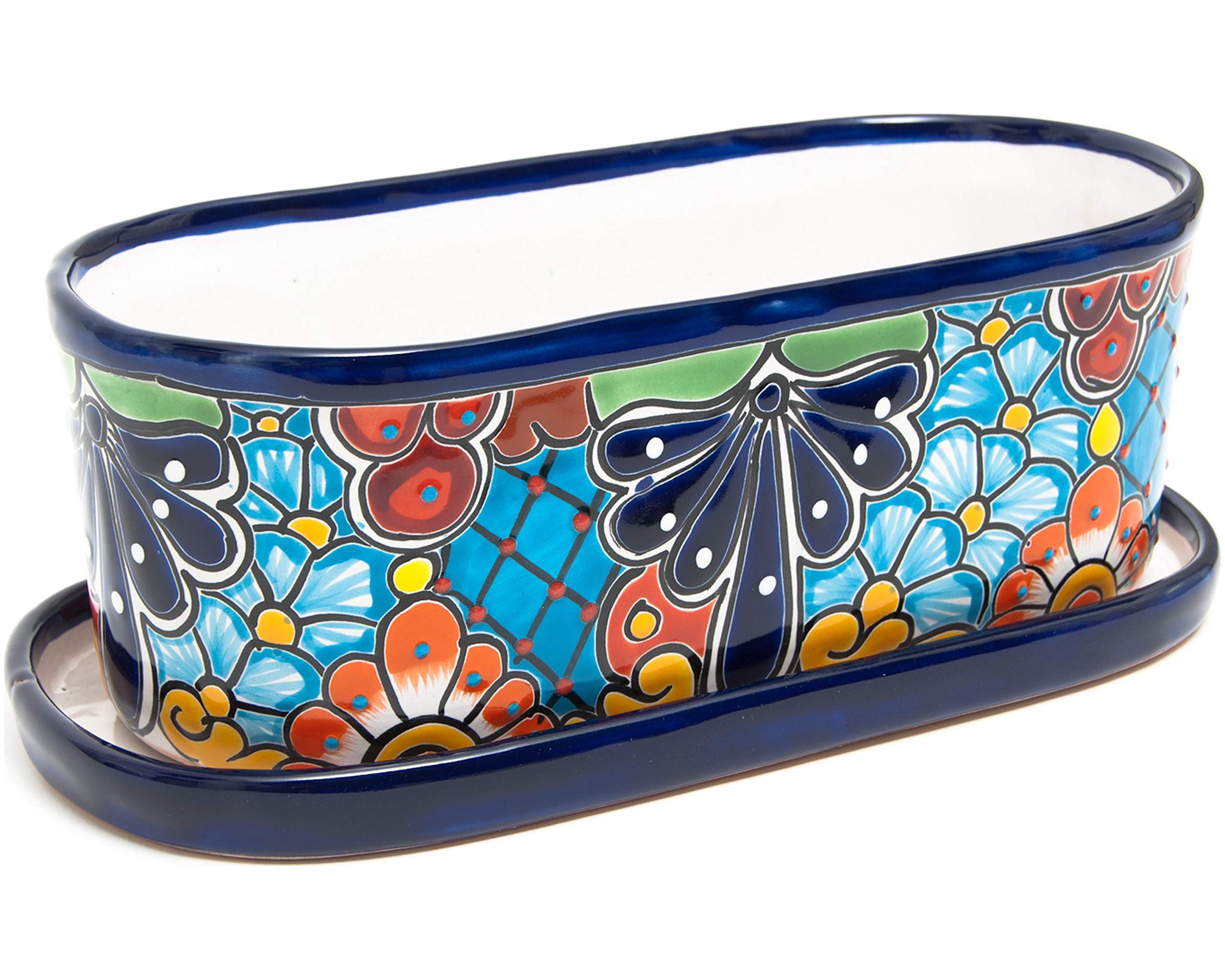 Handmade Mexican Talavera Ceramic Oval Planter Pot with Drip Saucer - 15 Inch Large Flower Pot for Succulents, Herbs & Indoor Plants - Cobalt Blue Window Box Planter for Home Decor, Patio & Garden