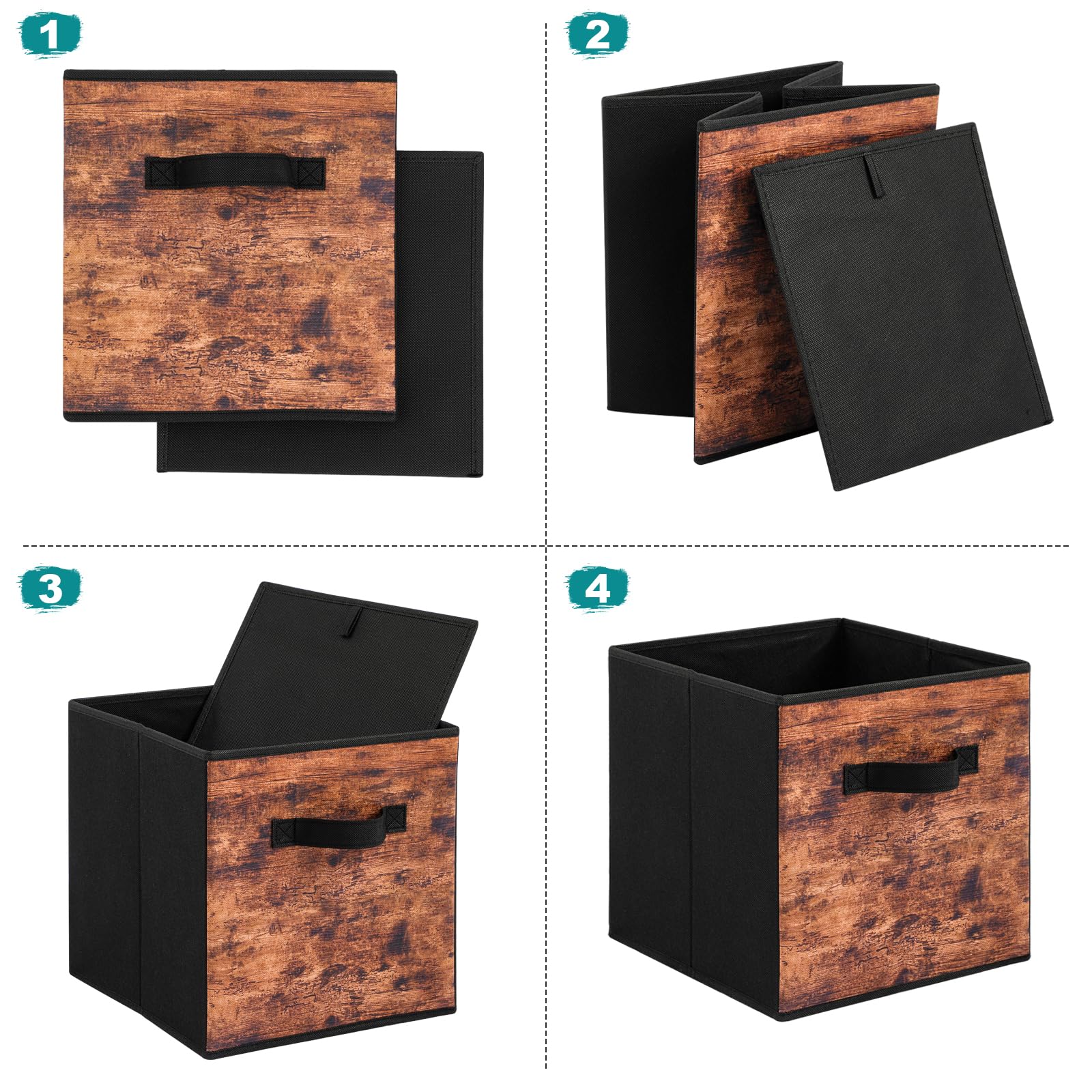 Stereo Fabric Storage Cubes, 6-Pack Foldable Closet Organizer Bins with Handles - 11 Inch Decorative Storage Baskets for Shelves, Bedroom, Nursery & Office - Rustic Brown & Black - Perfect for Home Organization & Small Space Storage