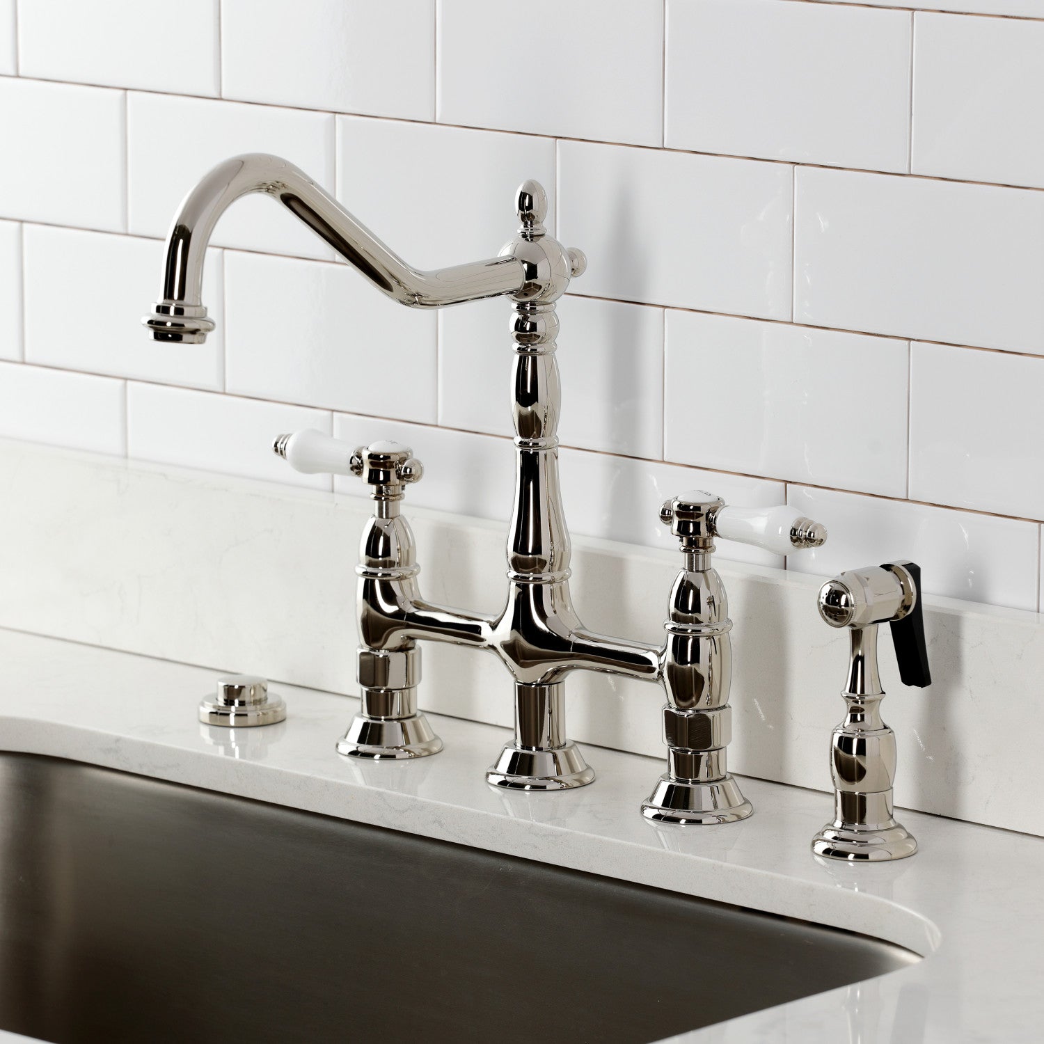 Bel Air KS1276BPLBS Bridge Kitchen Faucet with Brass Side Sprayer in Polished Nickel Finish - Perfect for Modern Farmhouse, Industrial & Commercial Kitchens
