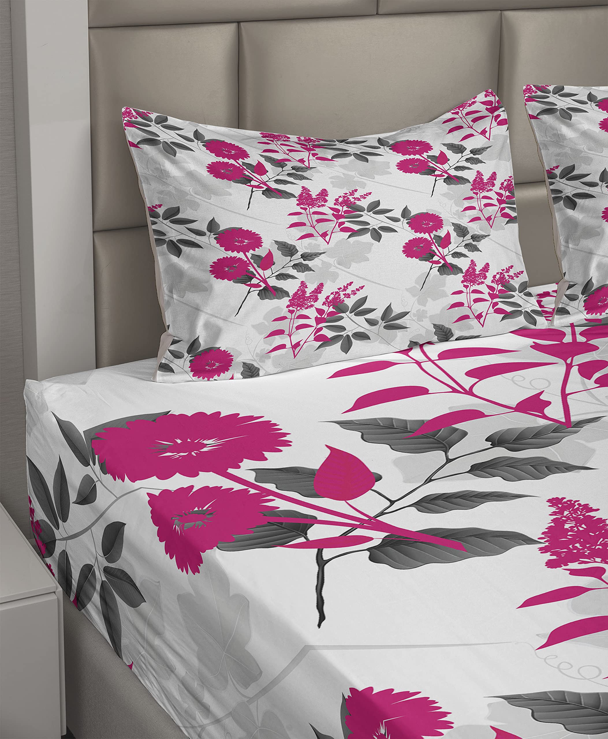 Ambesonne Floral Sheet Set - King Size 4-Piece Bedding with Abstract Flower & Leaf Pattern | Fitted Sheet, Flat Sheet & Pillowcases in Magenta, Dark Grey & White | Perfect for Master Bedroom, Guest Room & Cozy Home Decor