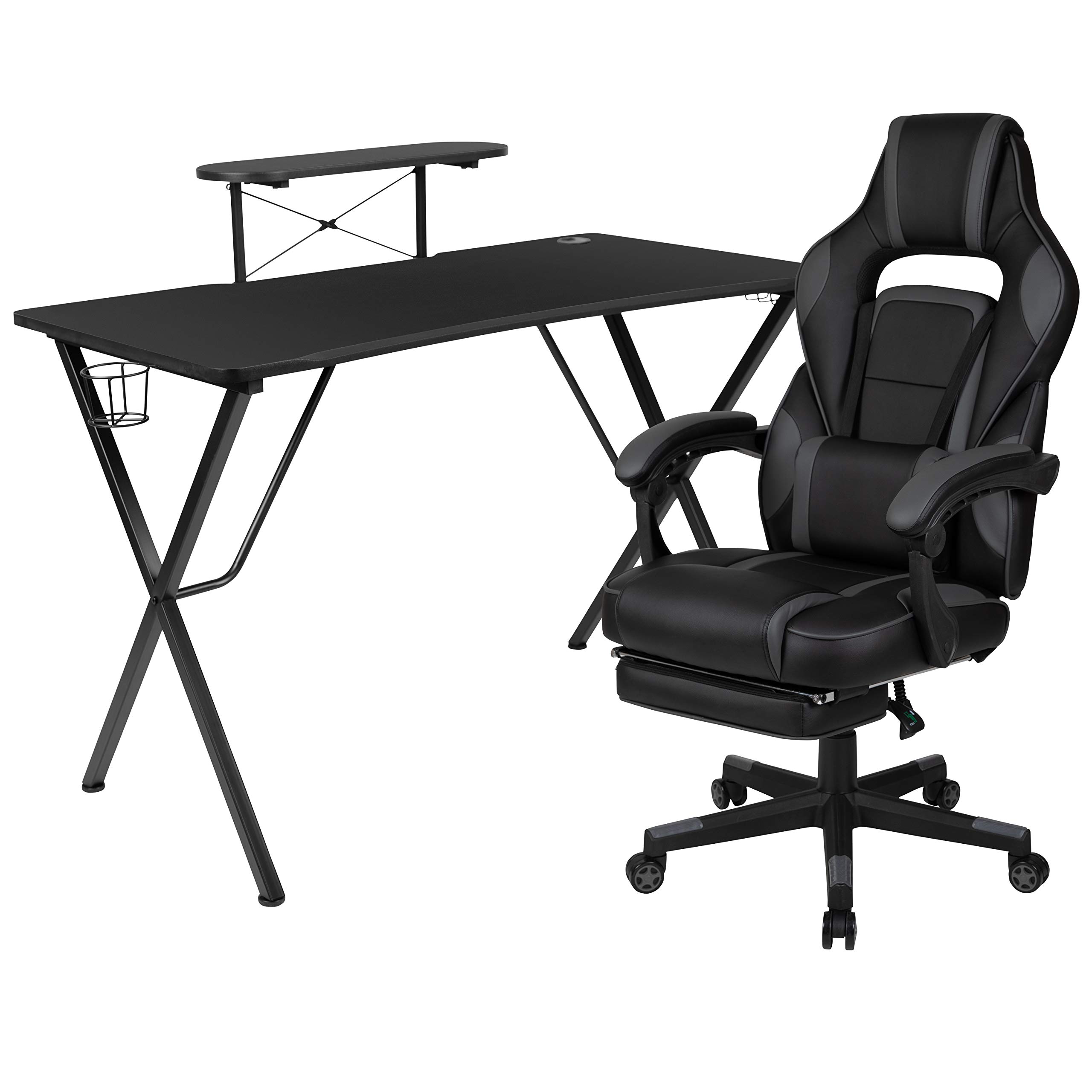 Premium Black Gaming Desk with Cup Holder, Headphone Hook & Monitor Stand - Ergonomic Black Reclining Gaming Chair with Adjustable Arms & Footrest - Perfect for PC Gaming Setup, Streaming & Esports Battlestation