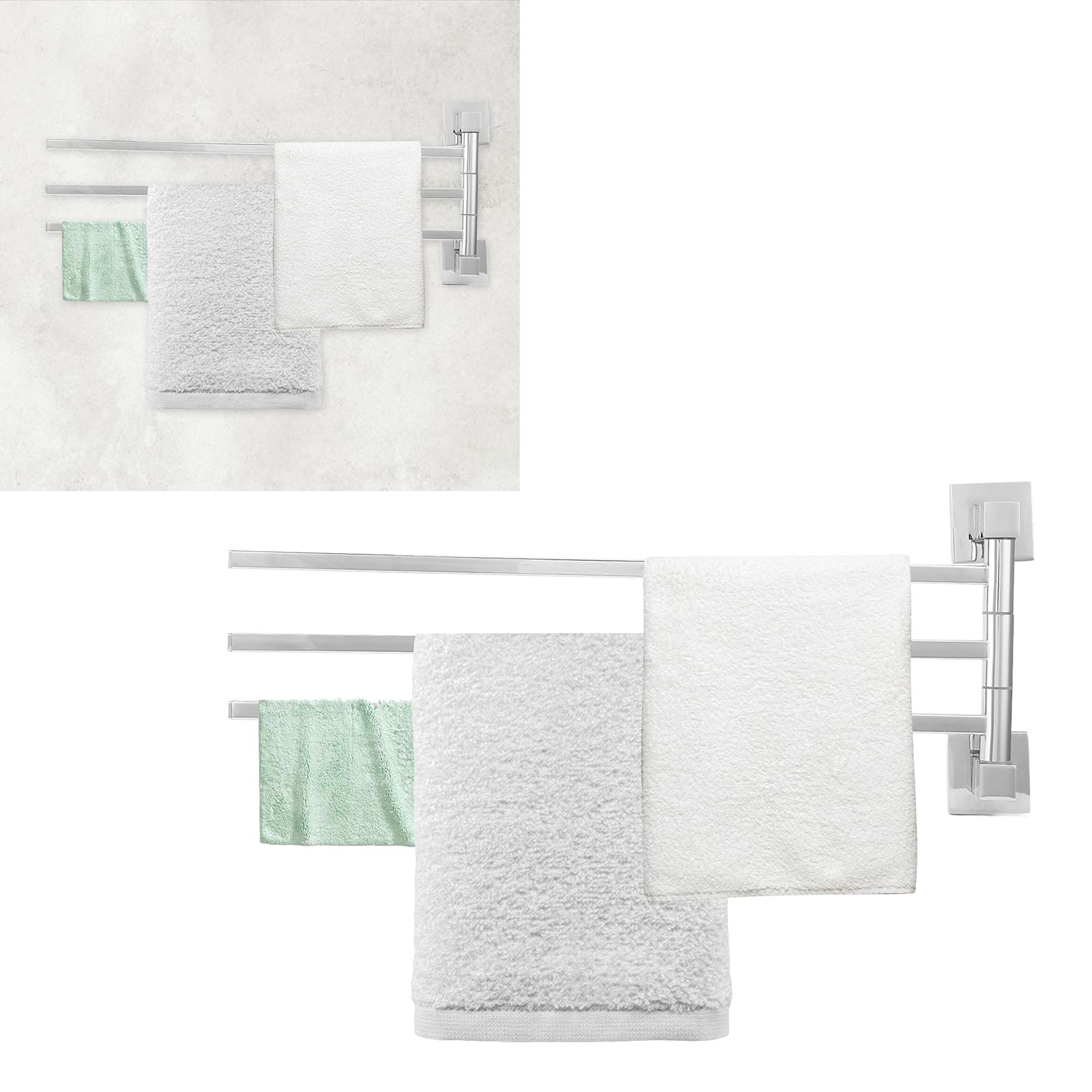 Stainless Steel 180° Rotatable Towel Rack - Chrome Plated Bath Towel Bar with 3 Rods for Bathroom, Shower & Spa - Heavy Duty Bathrobe Hanger Holder for Home & Hotel Use