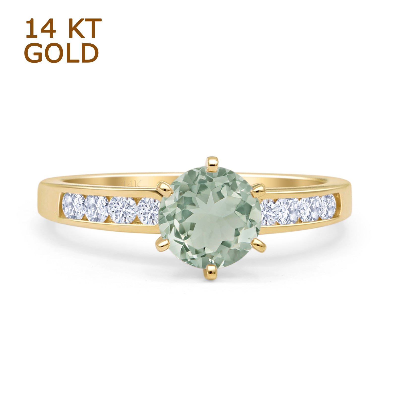 14K Yellow Gold Round Natural Green Amethyst Prasiolite Cathedral Ring for Women - Elegant Vintage Wedding Engagement Jewelry Gift for Her