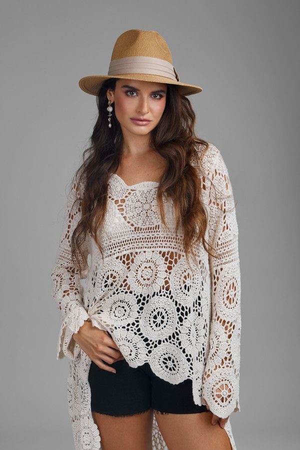 Elegant High Low Long Sleeve Crochet Cover Up - Boho Beach Dress for Women, Perfect for Summer Vacations, Pool Parties, and Resort Wear