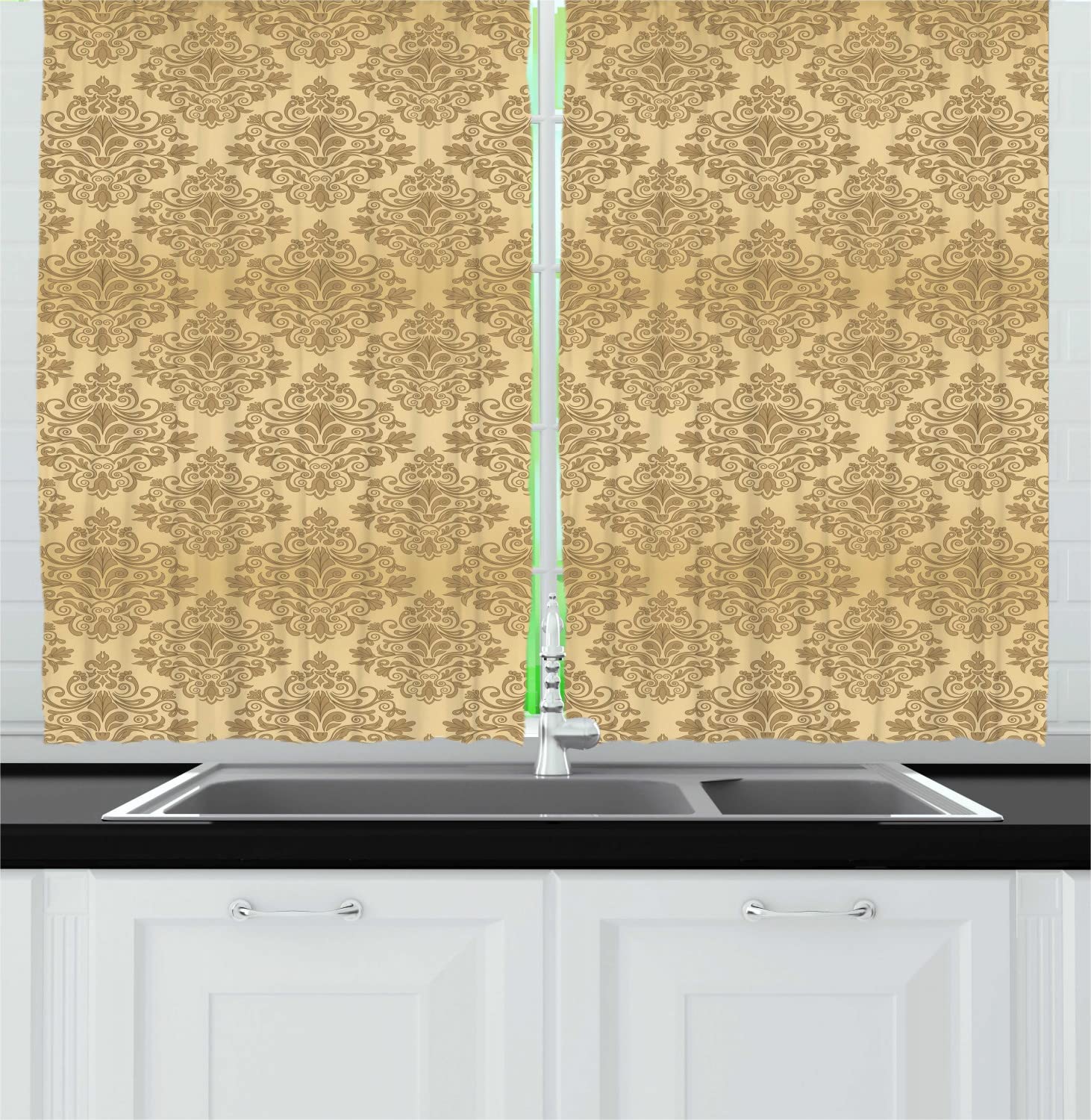 Ambesonne Autumn Damask Long Kitchen Curtains - Rococo Oriental Style Floral Pattern with Rod Pocket, 55