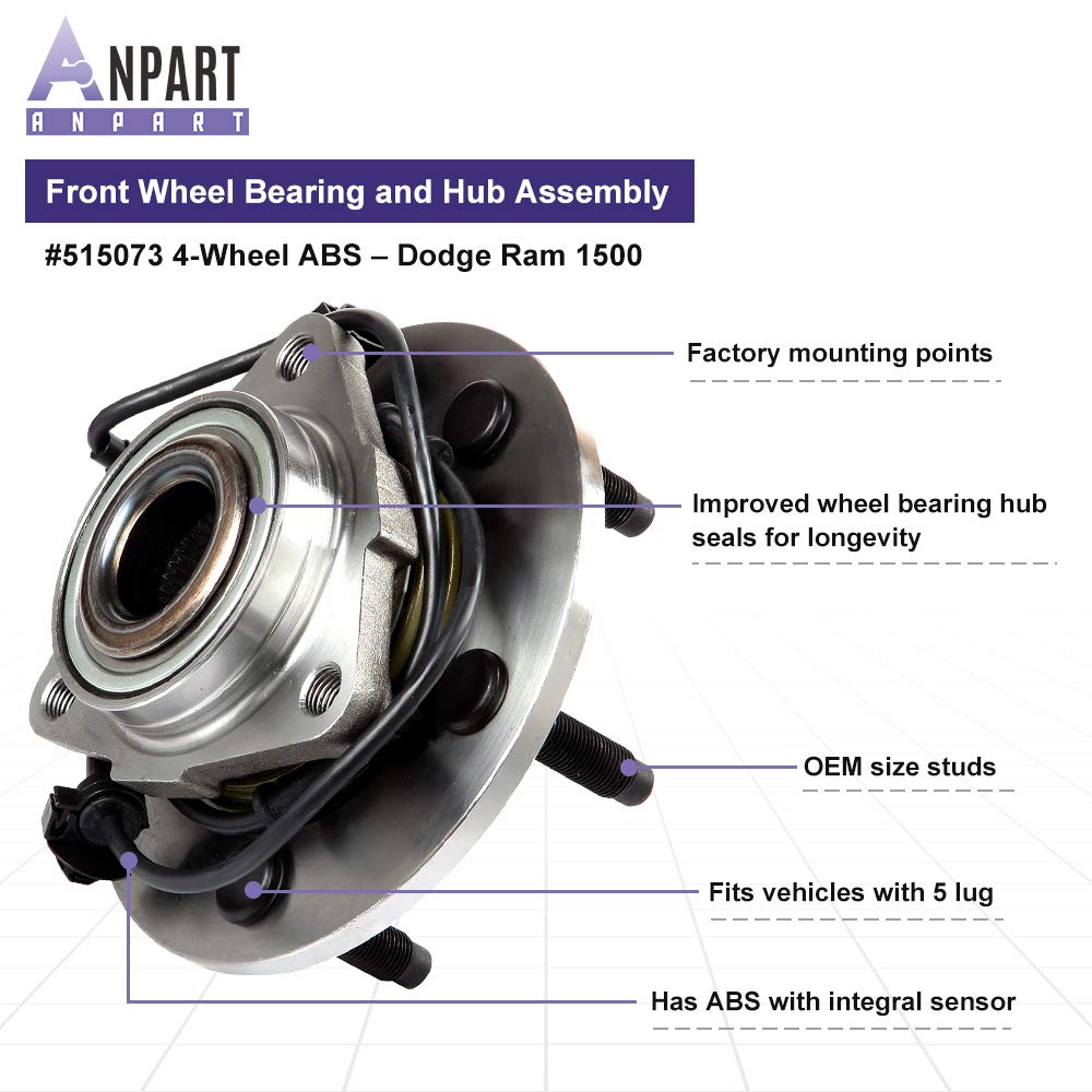 Replaces 515073 Front 5 Lugs Wheel Axle Bearing and Hub Assembly Compatible with 2002-2005 Ram 1500 - Wheel Hub and Bearing Kit (2 PCS) - Perfect for Off-Road Adventures and Heavy-Duty Towing