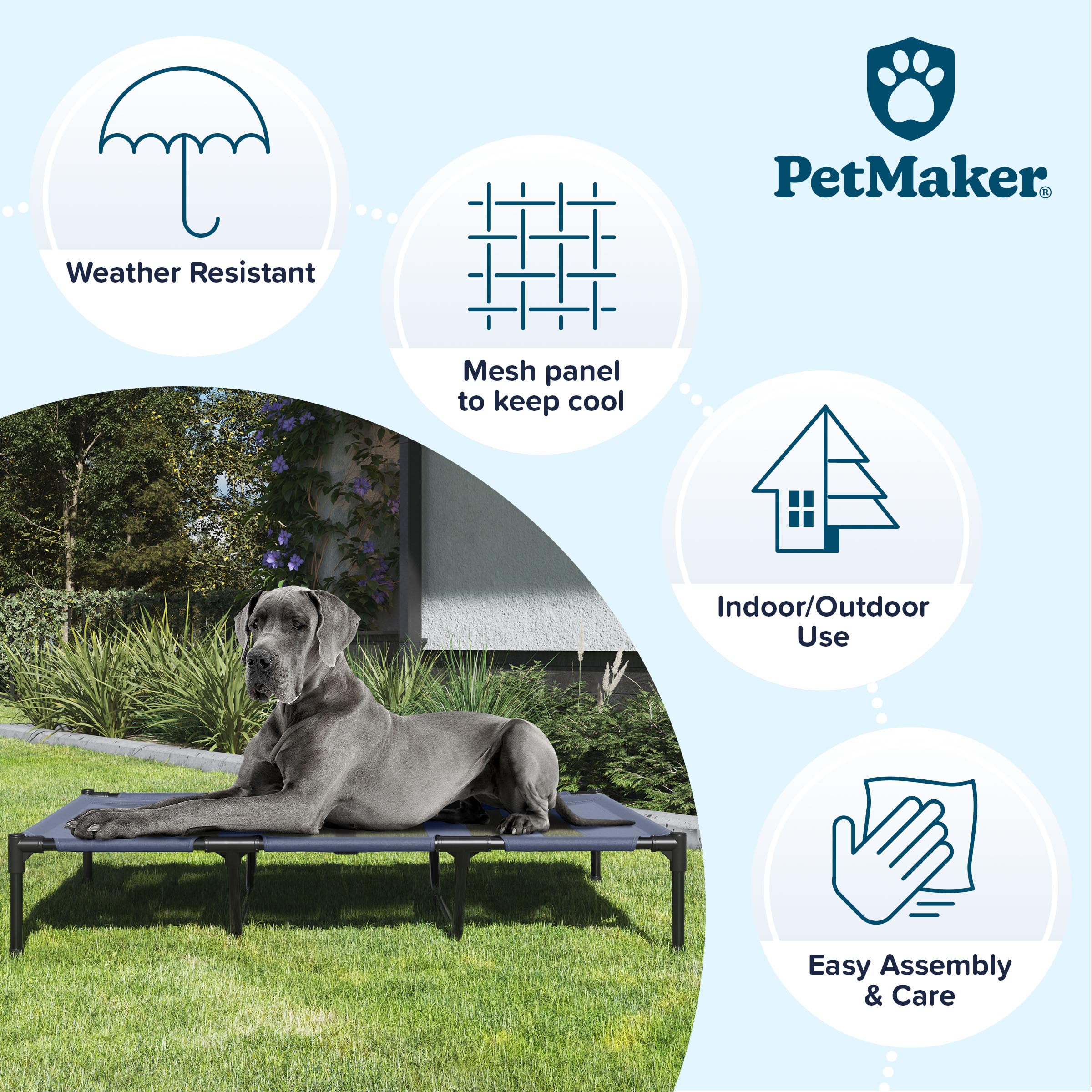 Premium Elevated Dog Bed - 48x35.5 Inch Portable Pet Cot with Non-Slip Feet - Indoor/Outdoor Cooling Bed for Large Dogs up to 110lbs - Durable & Breathable Design for Home, Patio, Camping & Travel - PETMAKER (Blue)