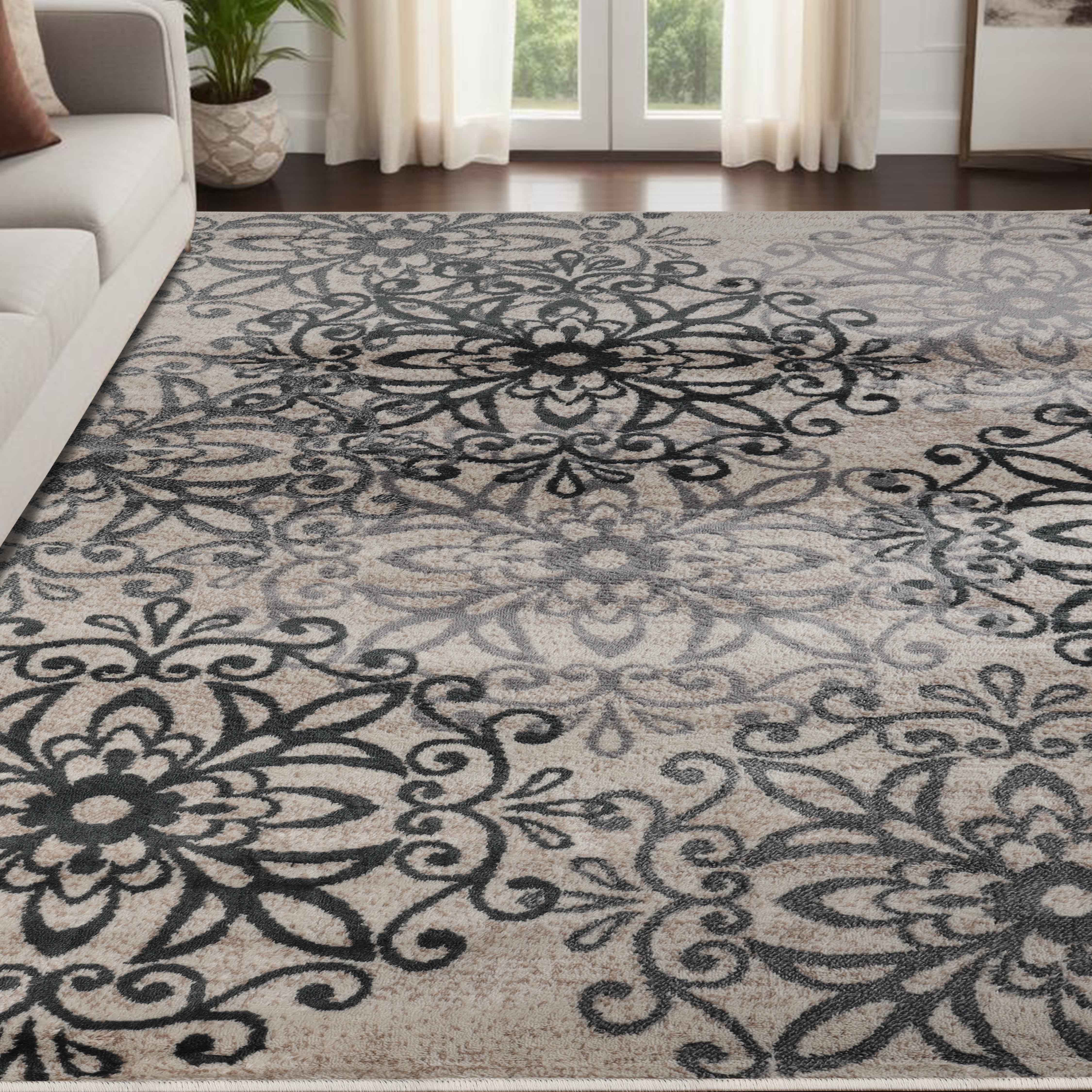Leigh Traditional Floral Scroll Indoor Area Rugs & Runner Rugs - Non-Slip Soft Living Room Bedroom Decor Carpet